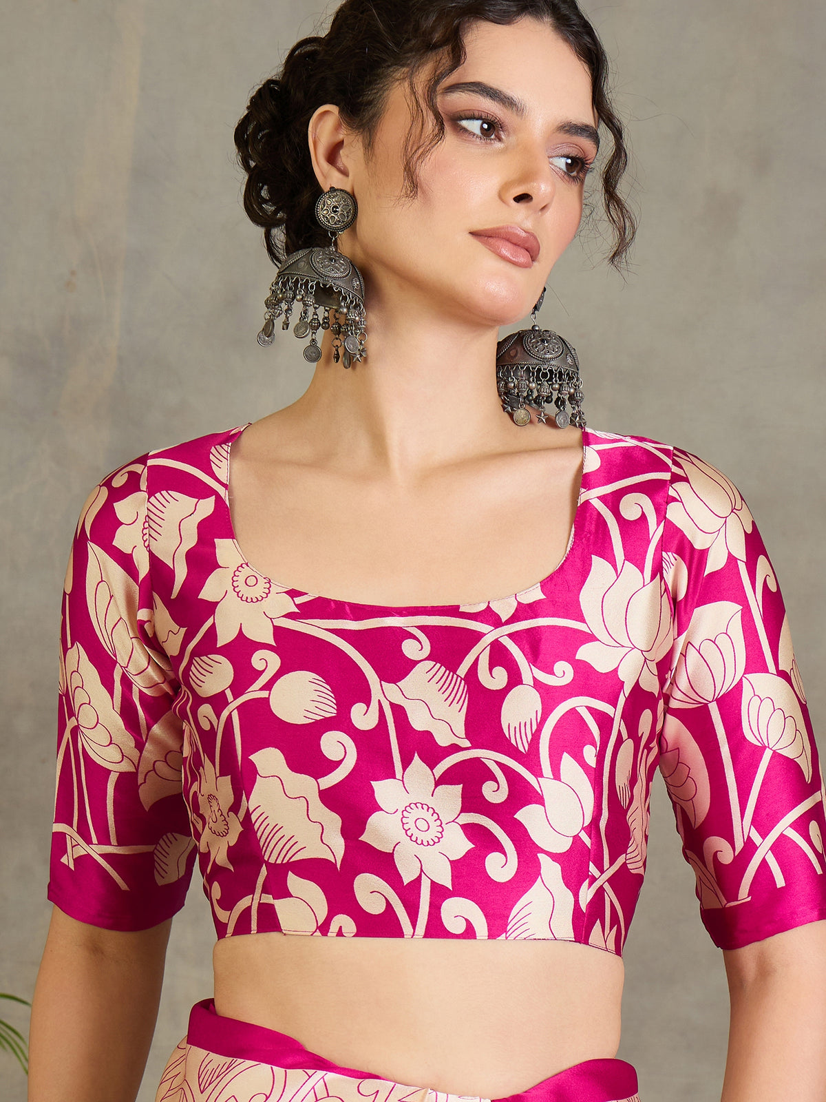 Exuberant Party Wear Satin Silk Floral Print Tussle Work Fancy Designer Saree With Unstitched Blouse
