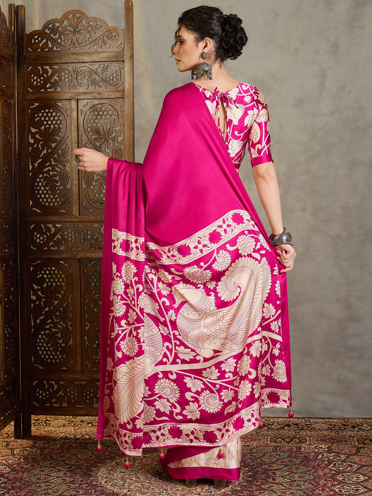 Exuberant Party Wear Satin Silk Floral Print Tussle Work Fancy Designer Saree With Unstitched Blouse