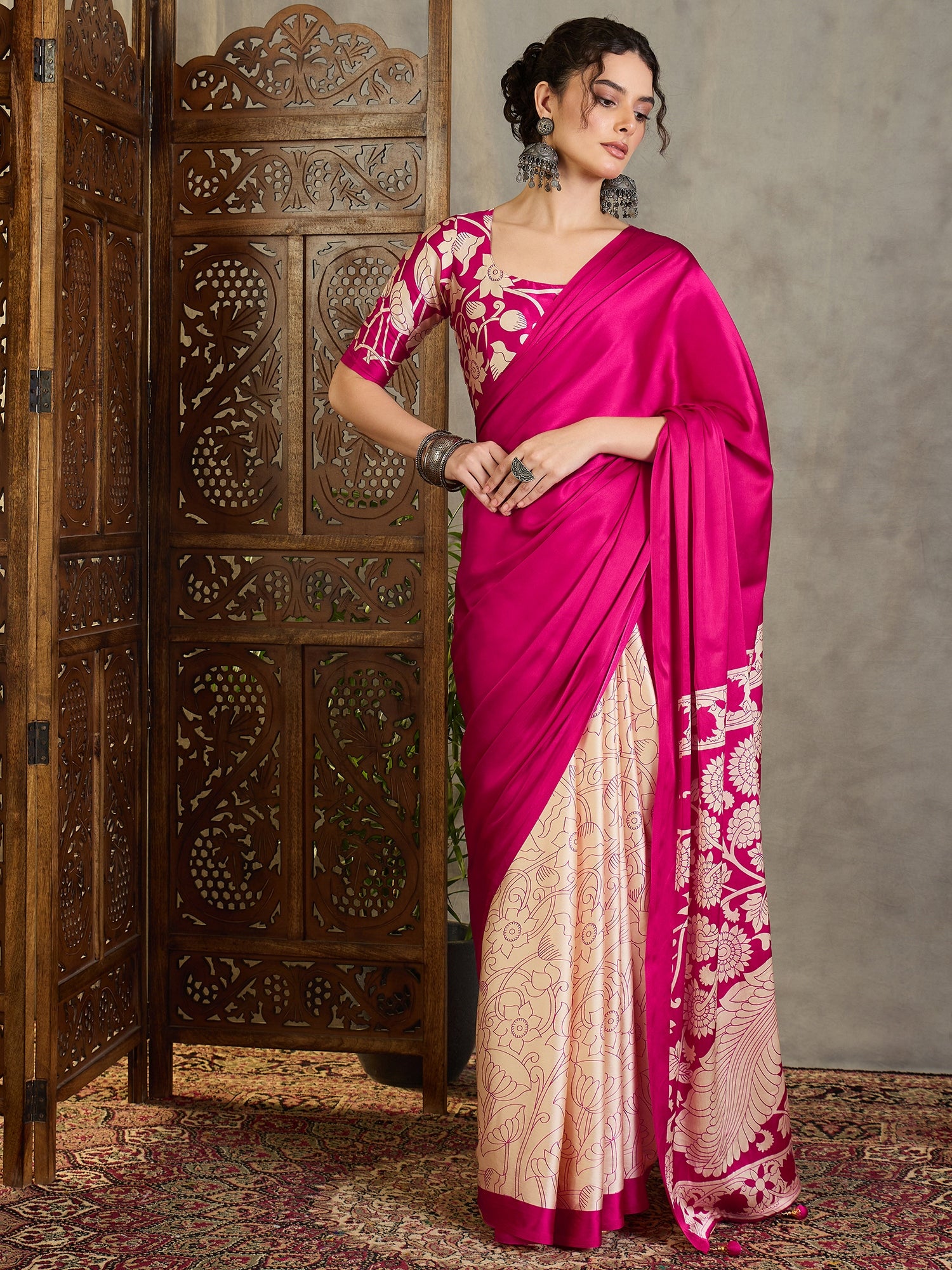 Exuberant Party Wear Satin Silk Floral Print Tussle Work Fancy Designer Saree With Unstitched Blouse