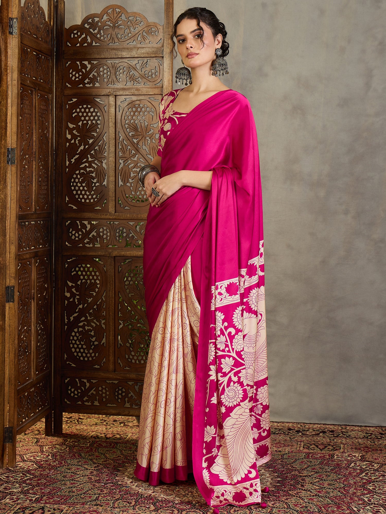 Exuberant Party Wear Satin Silk Floral Print Tussle Work Fancy Designer Saree With Unstitched Blouse