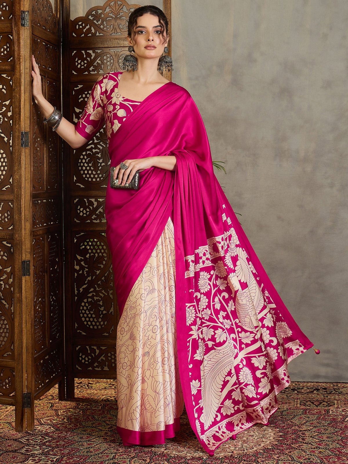 Exuberant Party Wear Satin Silk Floral Print Tussle Work Fancy Designer Saree With Unstitched Blouse