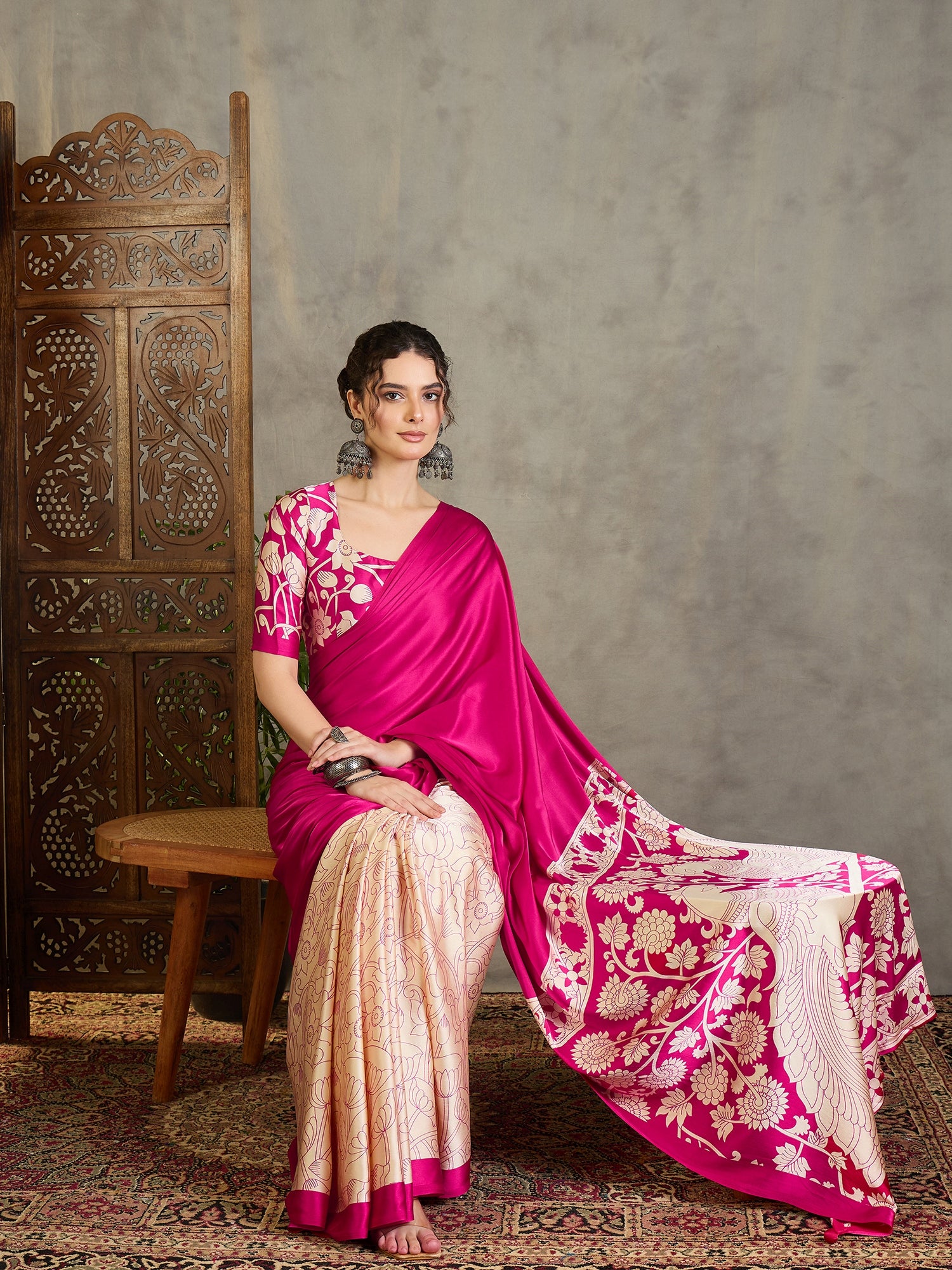 Exuberant Party Wear Satin Silk Floral Print Tussle Work Fancy Designer Saree With Unstitched Blouse