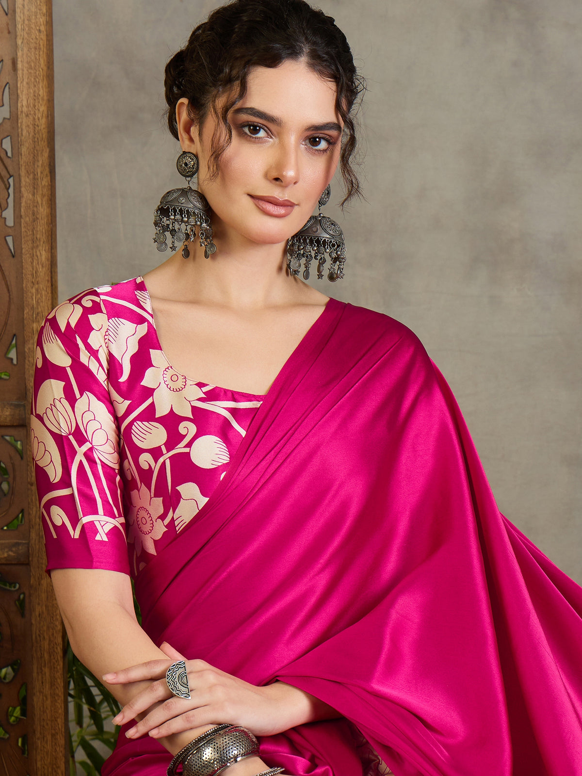 Exuberant Party Wear Satin Silk Floral Print Tussle Work Fancy Designer Saree With Unstitched Blouse