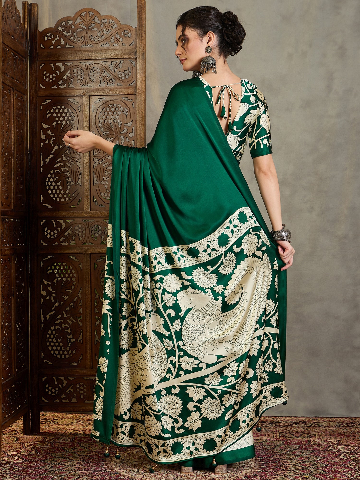 Exuberant Party Wear Satin Silk Floral Print Tussle Work Fancy Designer Saree With Unstitched Blouse