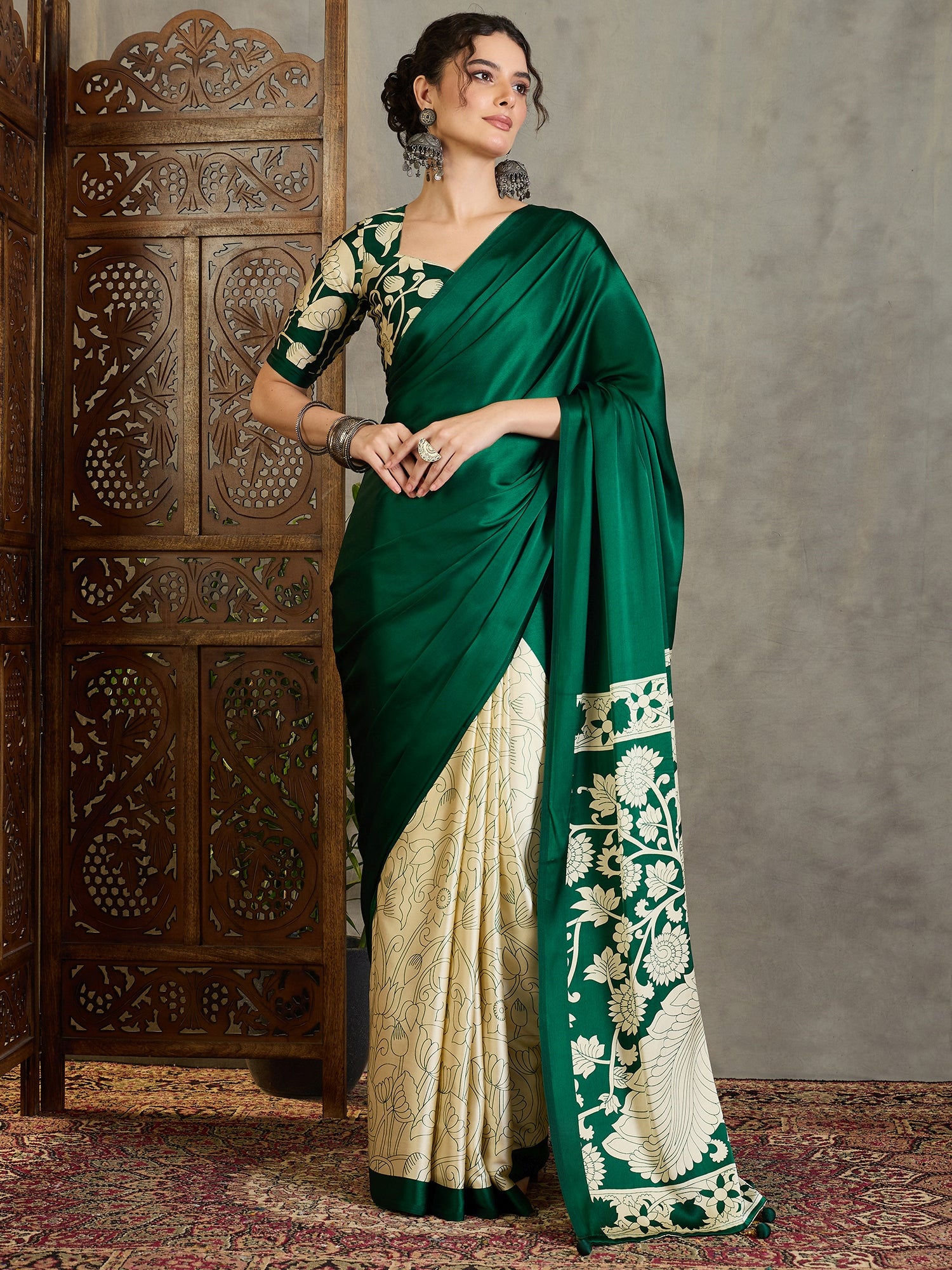 Exuberant Party Wear Satin Silk Floral Print Tussle Work Fancy Designer Saree With Unstitched Blouse