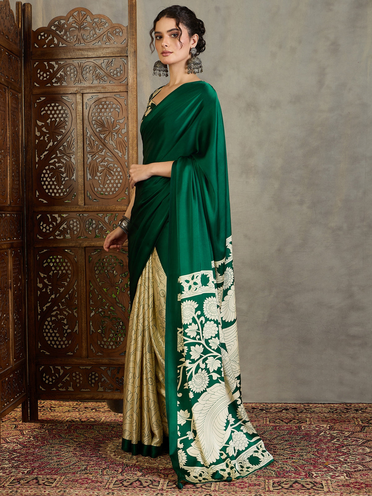 Exuberant Party Wear Satin Silk Floral Print Tussle Work Fancy Designer Saree With Unstitched Blouse