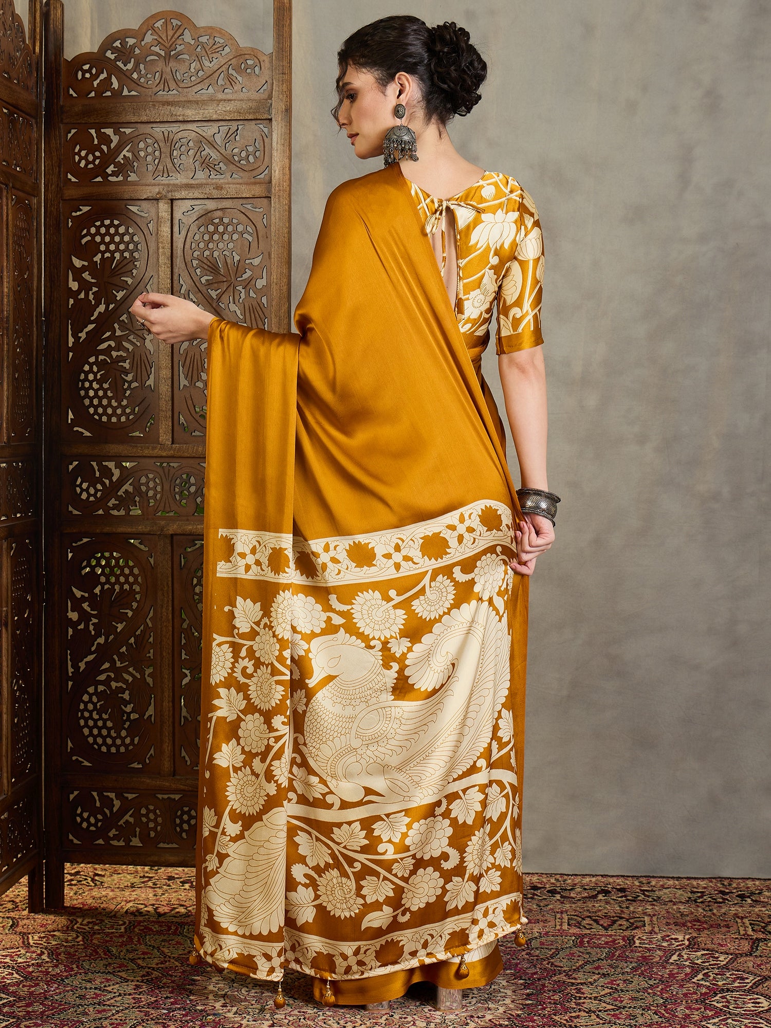 Exuberant Party Wear Satin Silk Floral Print Tussle Work Fancy Designer Saree With Unstitched Blouse