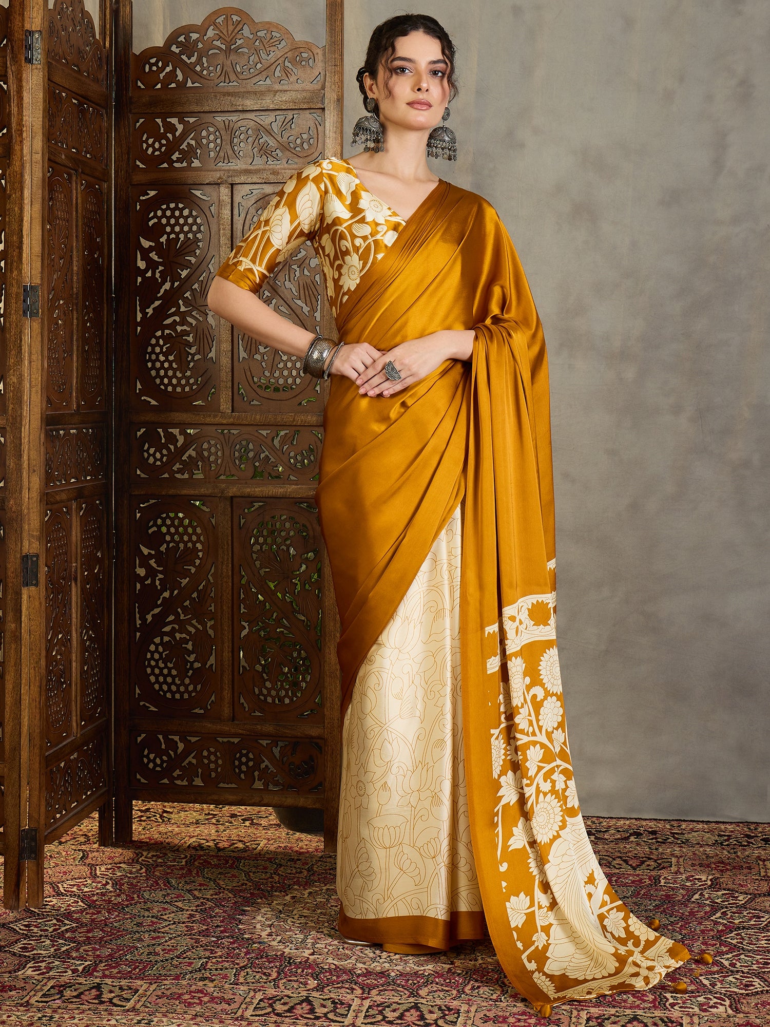 Exuberant Party Wear Satin Silk Floral Print Tussle Work Fancy Designer Saree With Unstitched Blouse