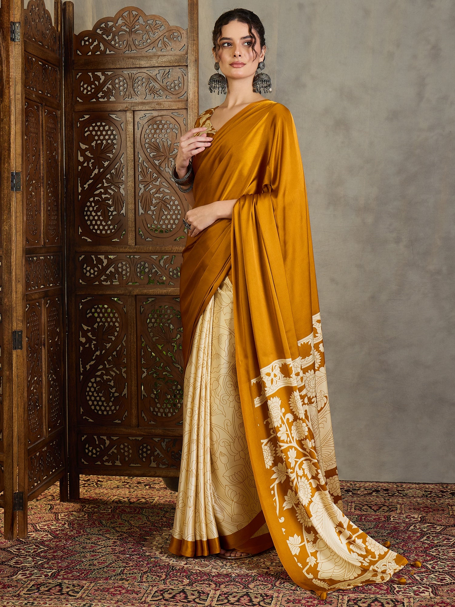 Exuberant Party Wear Satin Silk Floral Print Tussle Work Fancy Designer Saree With Unstitched Blouse