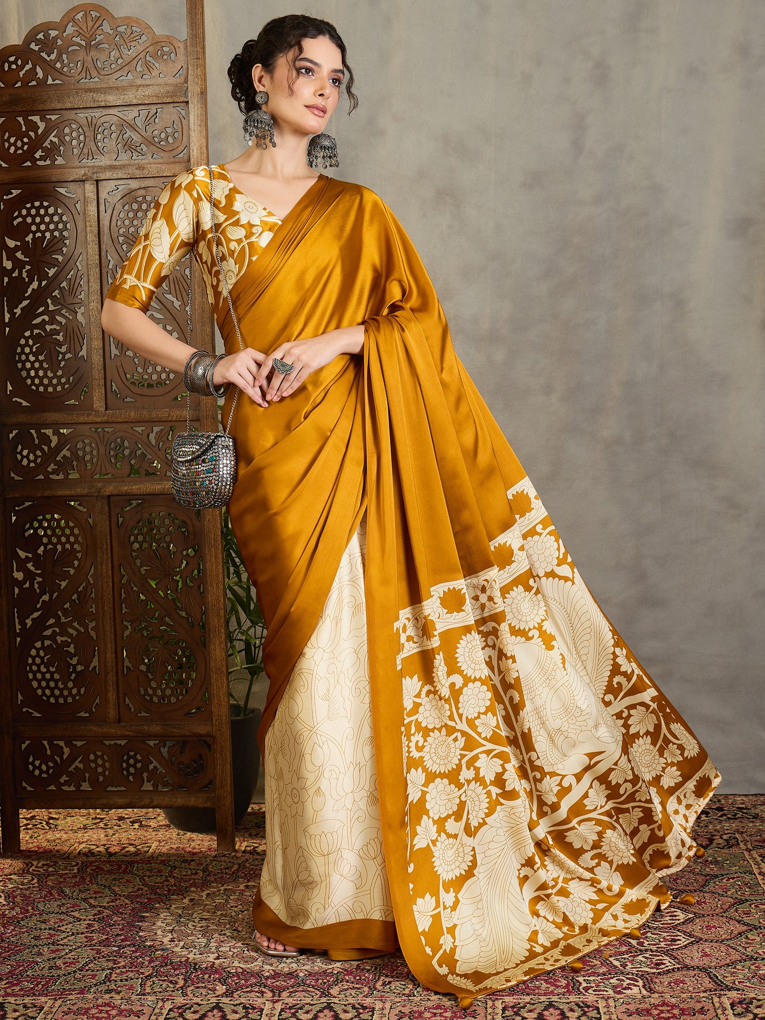 Exuberant Party Wear Satin Silk Floral Print Tussle Work Fancy Designer Saree With Unstitched Blouse