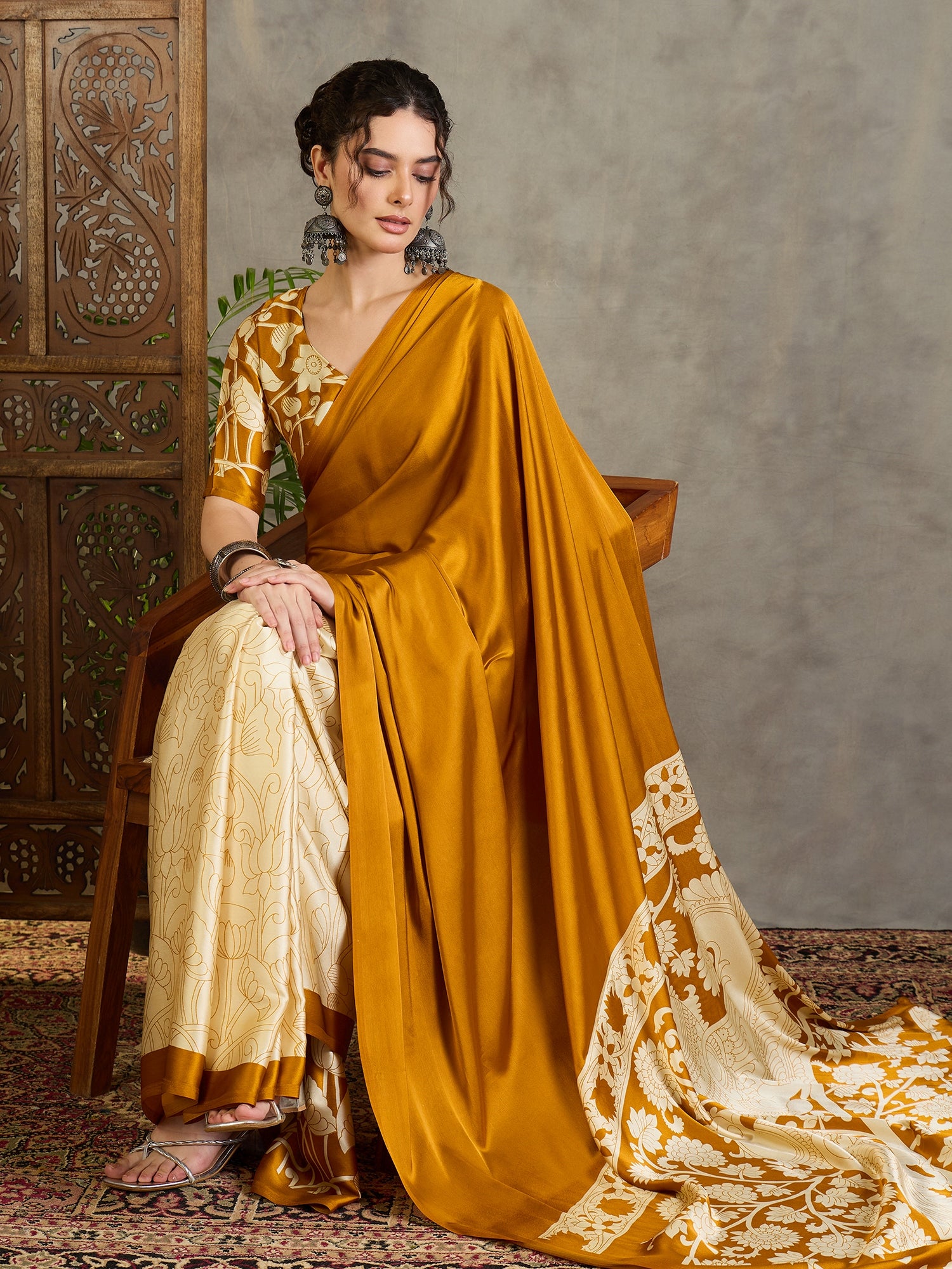 Exuberant Party Wear Satin Silk Floral Print Tussle Work Fancy Designer Saree With Unstitched Blouse