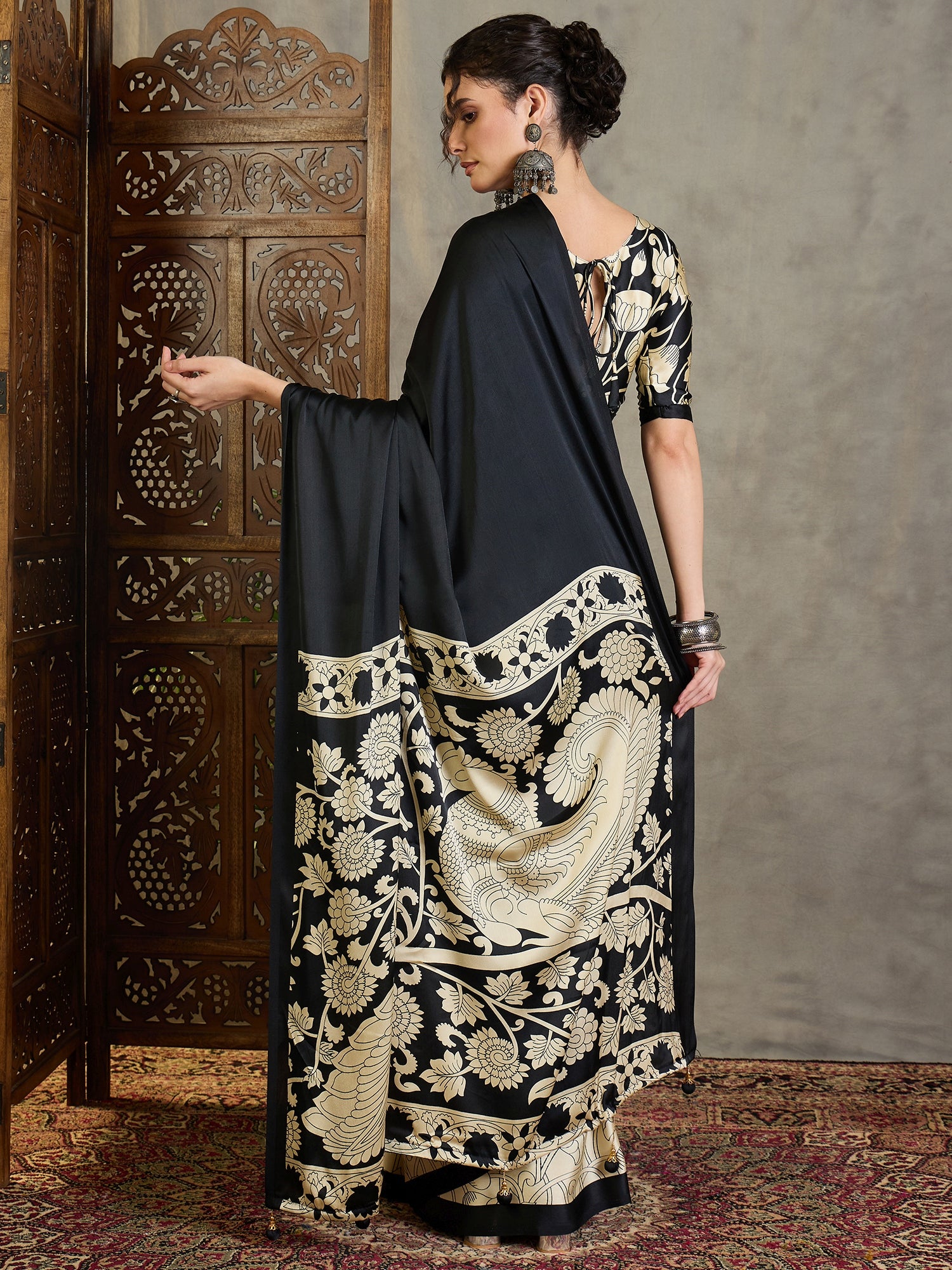 Exuberant Party Wear Satin Silk Floral Print Tussle Work Fancy Designer Saree With Unstitched Blouse