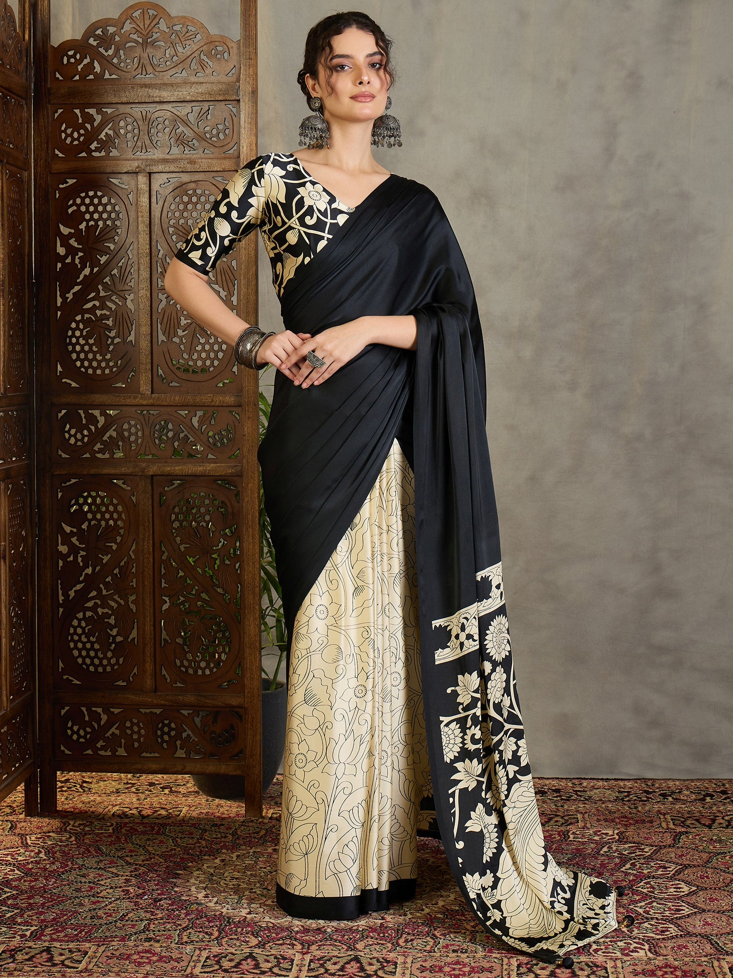 Exuberant Party Wear Satin Silk Floral Print Tussle Work Fancy Designer Saree With Unstitched Blouse