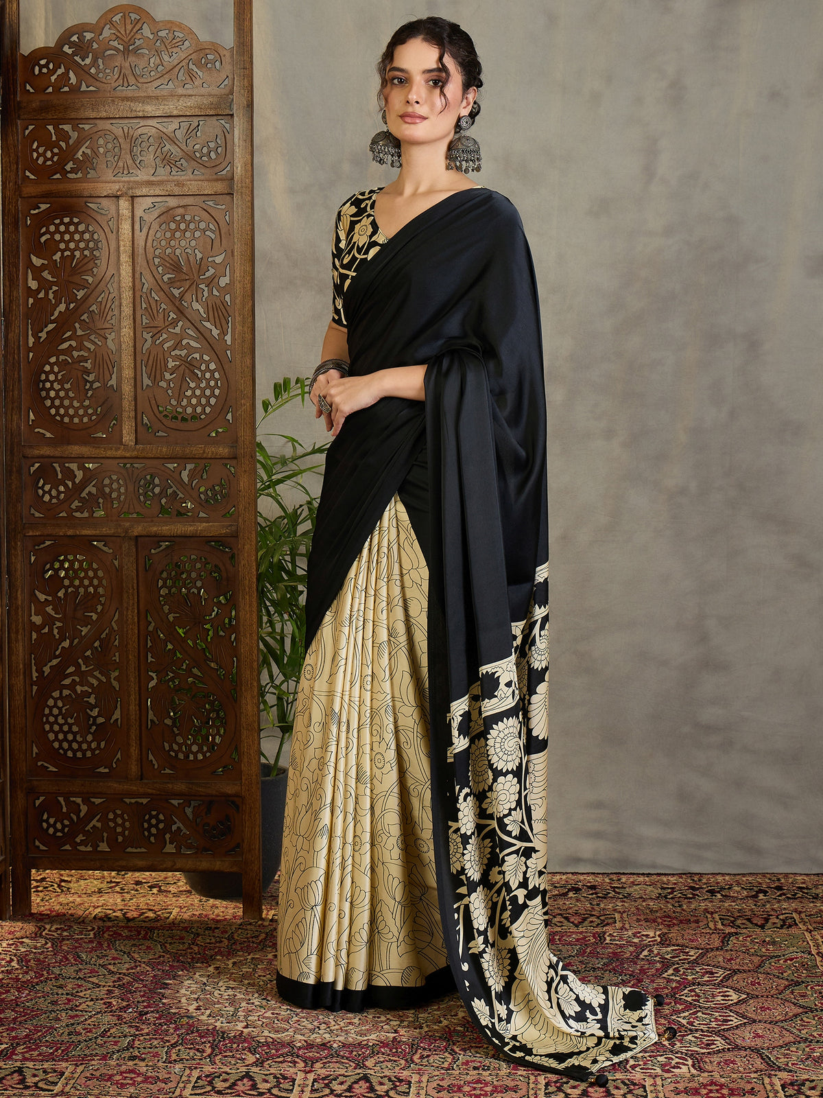 Exuberant Party Wear Satin Silk Floral Print Tussle Work Fancy Designer Saree With Unstitched Blouse