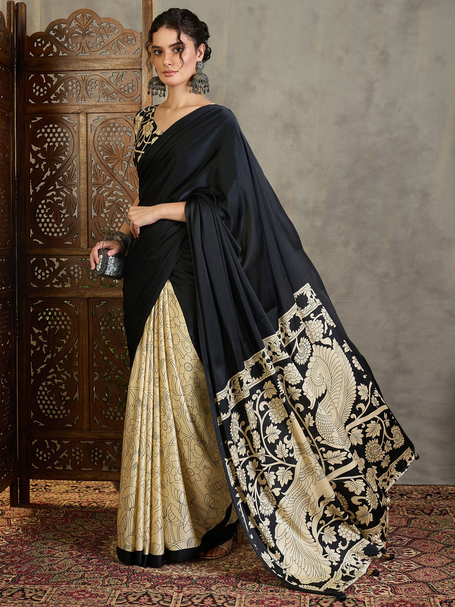 Exuberant Party Wear Satin Silk Floral Print Tussle Work Fancy Designer Saree With Unstitched Blouse