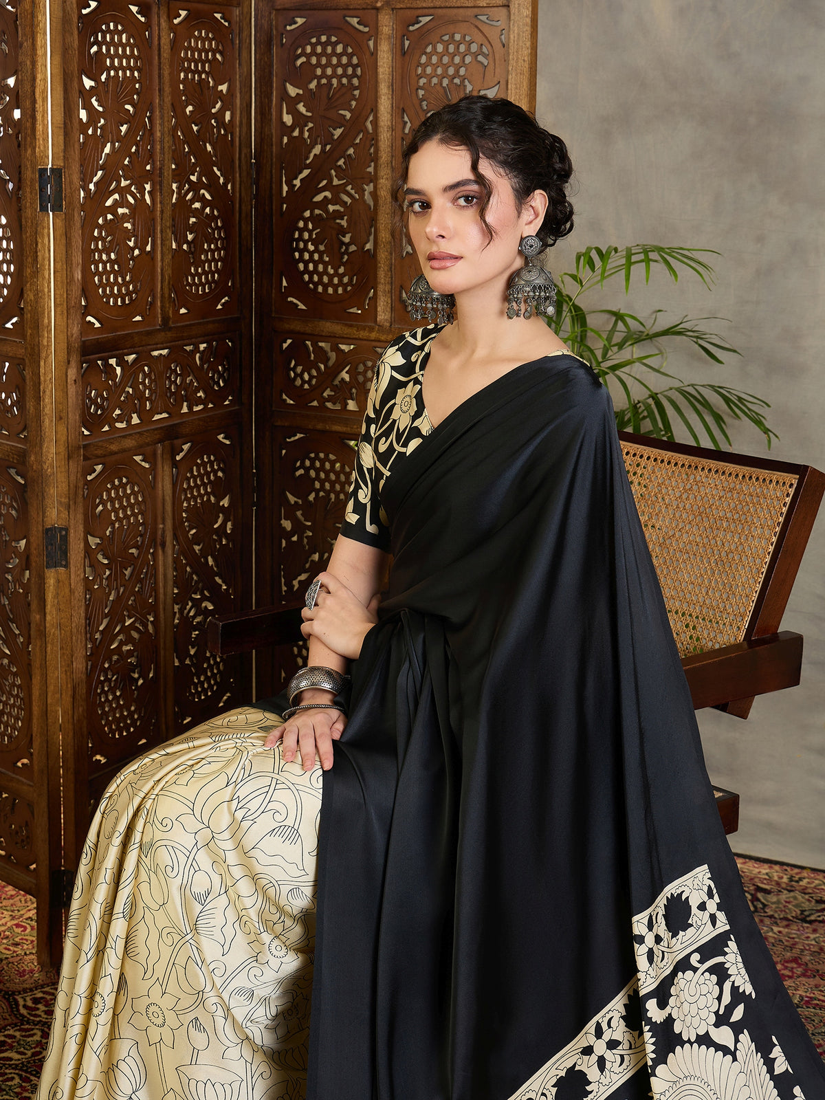 Exuberant Party Wear Satin Silk Floral Print Tussle Work Fancy Designer Saree With Unstitched Blouse