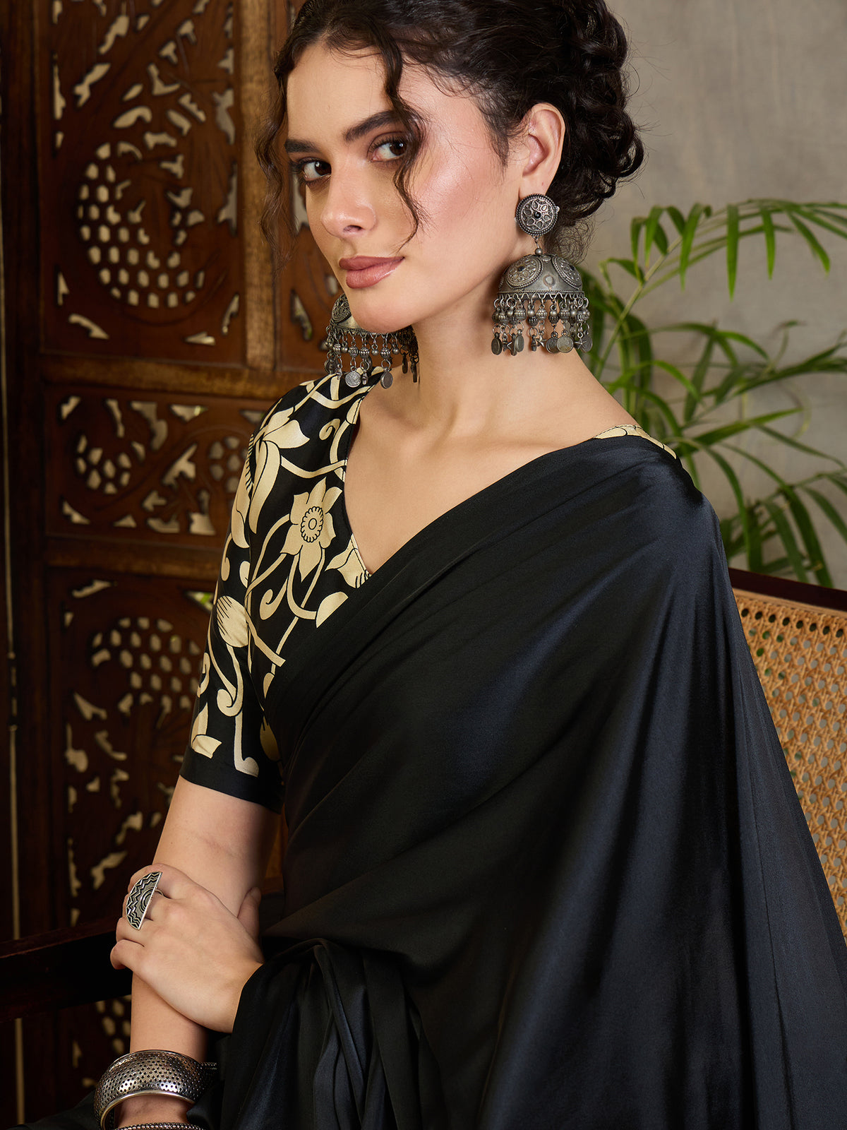 Exuberant Party Wear Satin Silk Floral Print Tussle Work Fancy Designer Saree With Unstitched Blouse