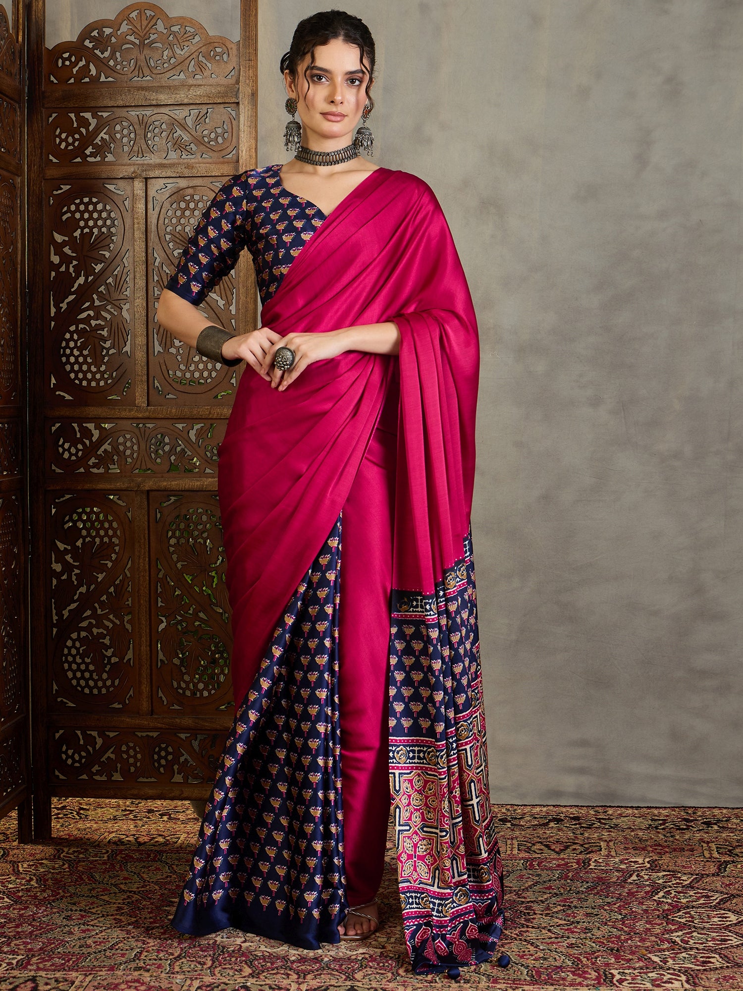 Regal Wedding Wear Satin Silk Print Design Rich Pallu Fancy Saree With Unstitched Blouse Piece