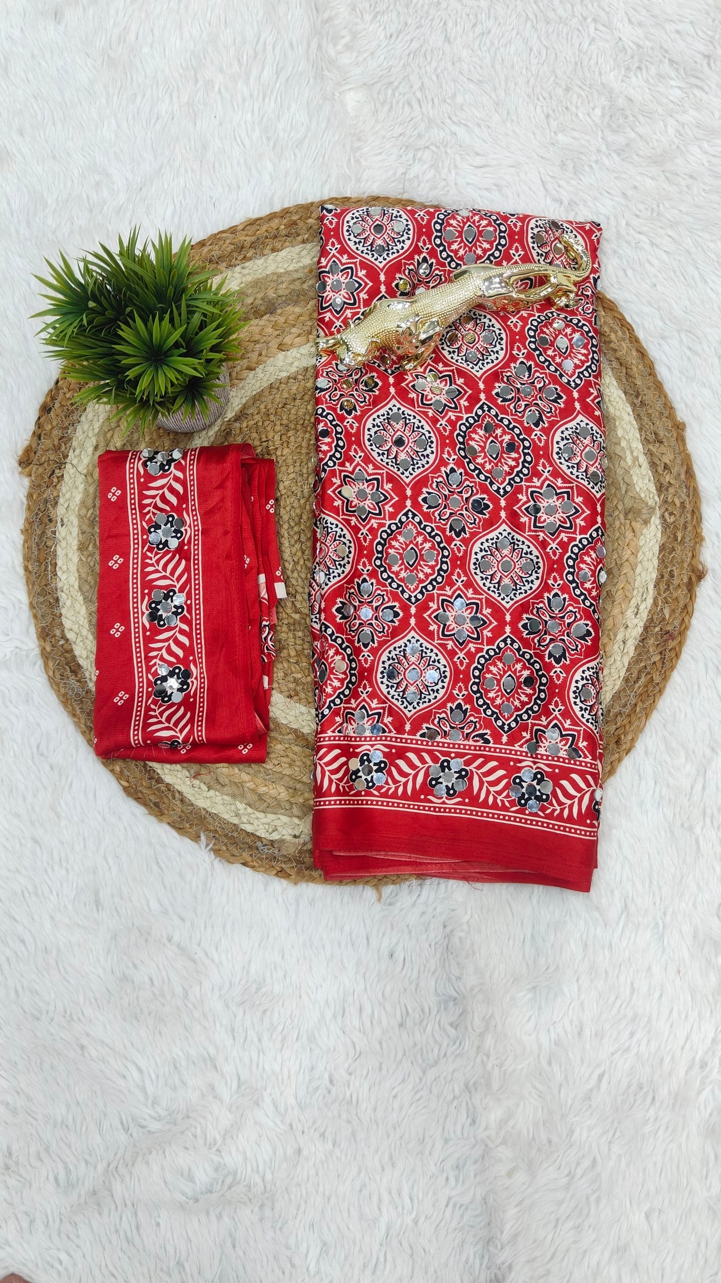 Charming Festive Wear Satin Silk Heavy Mirror n Latkan Pallu Designer Saree With Unstitched Blouse Piece
