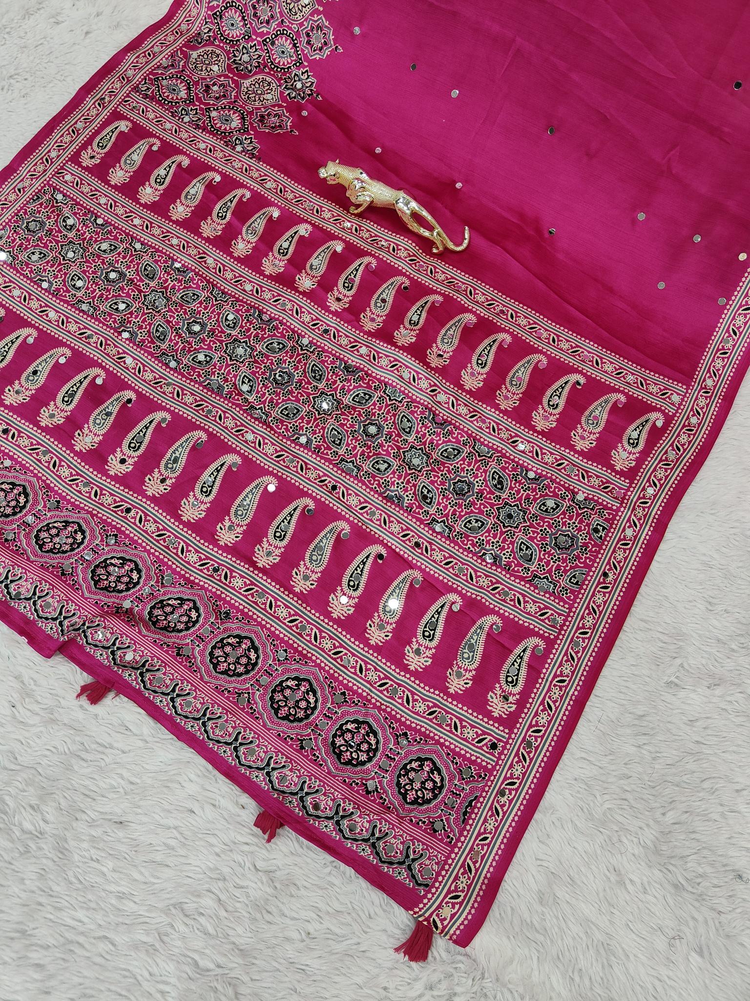 Divine Function Wear Satin Silk Heavy Mirror n Latkan Pallu Designer Saree With Unstitched Blouse Piece