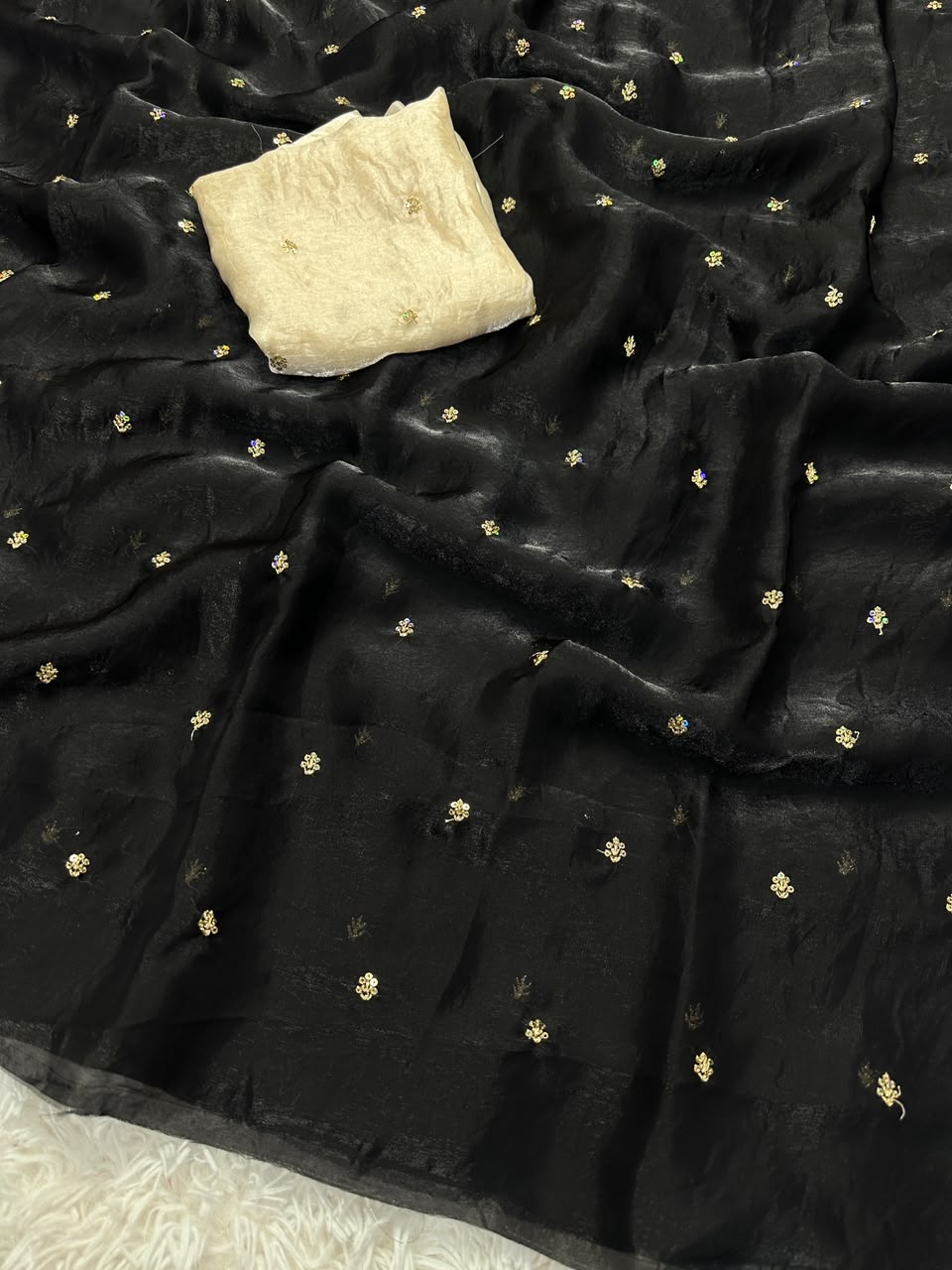 Glamorous Party Wear Silk Sequence Work Flower Butti Designer Saree With Matching Blouse Piece