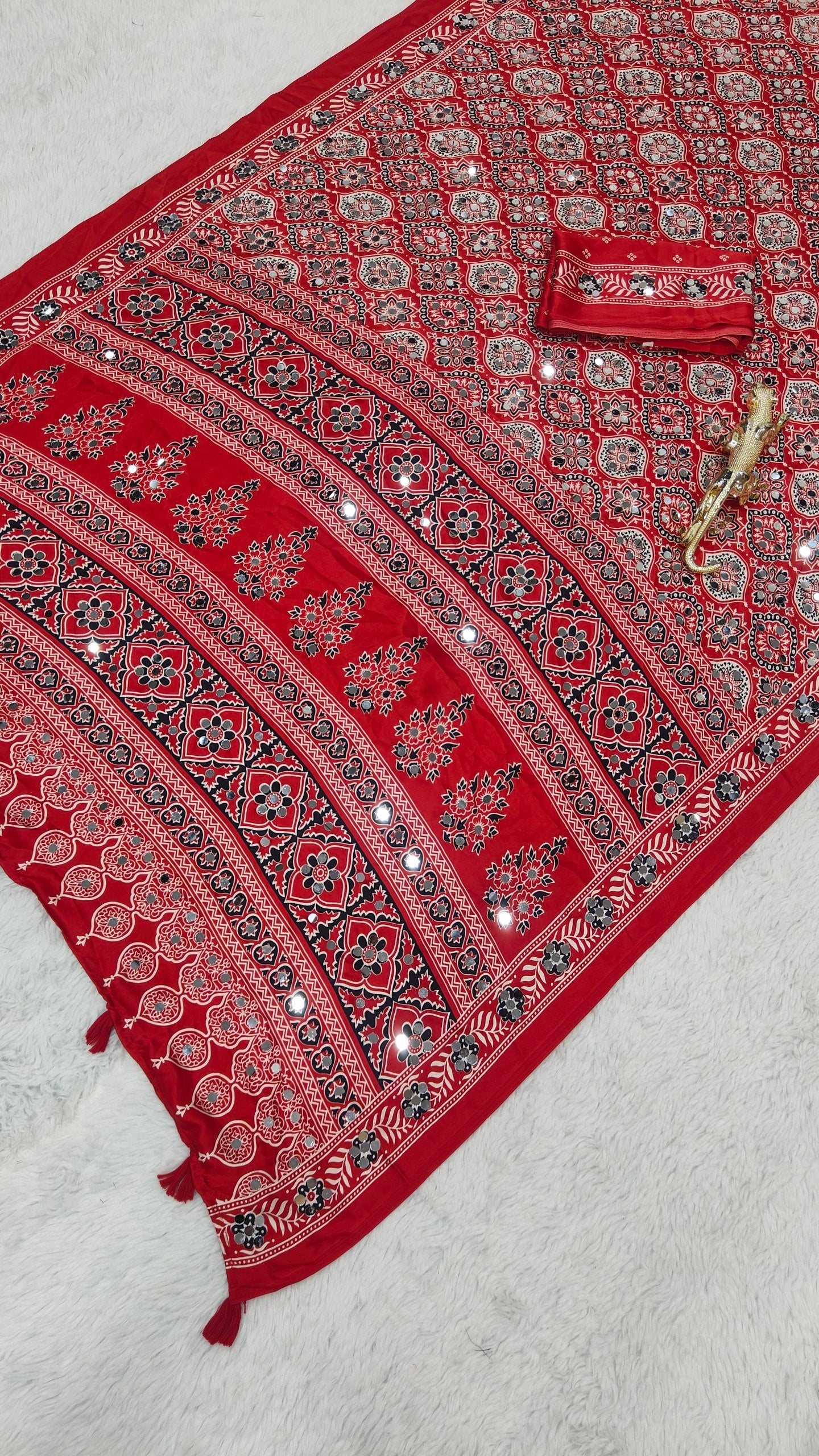 Charming Festive Wear Satin Silk Heavy Mirror n Latkan Pallu Designer Saree With Unstitched Blouse Piece