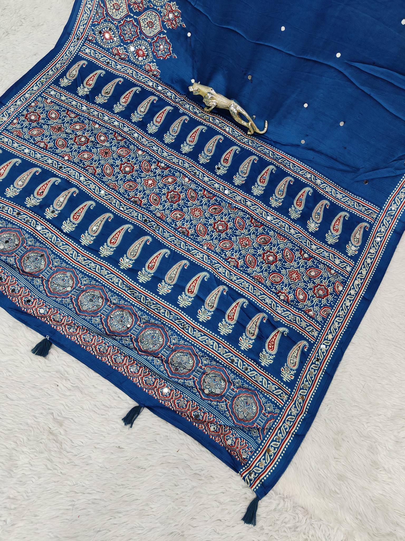 Divine Function Wear Satin Silk Heavy Mirror n Latkan Pallu Designer Saree With Unstitched Blouse Piece