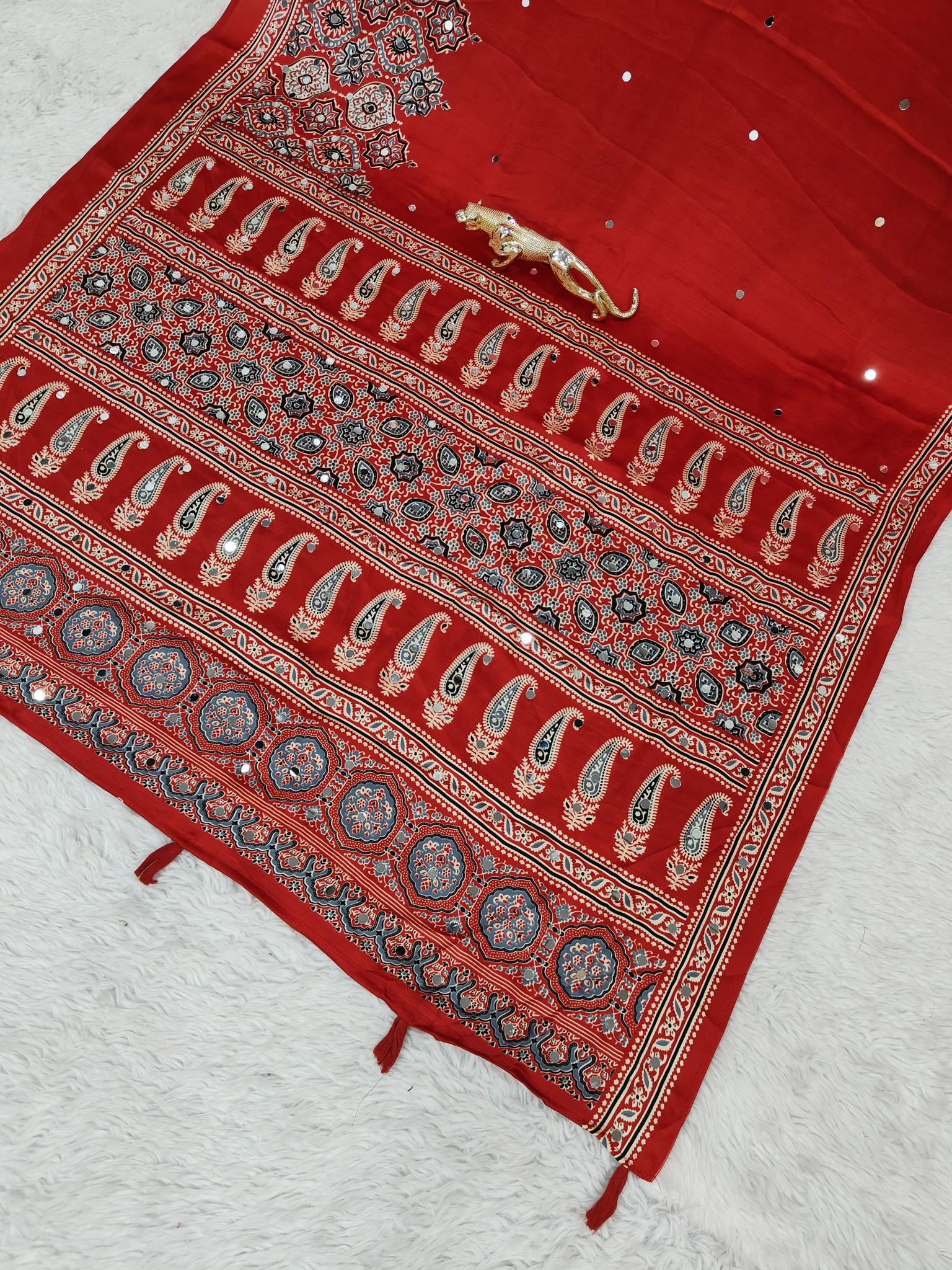 Divine Function Wear Satin Silk Heavy Mirror n Latkan Pallu Designer Saree With Unstitched Blouse Piece