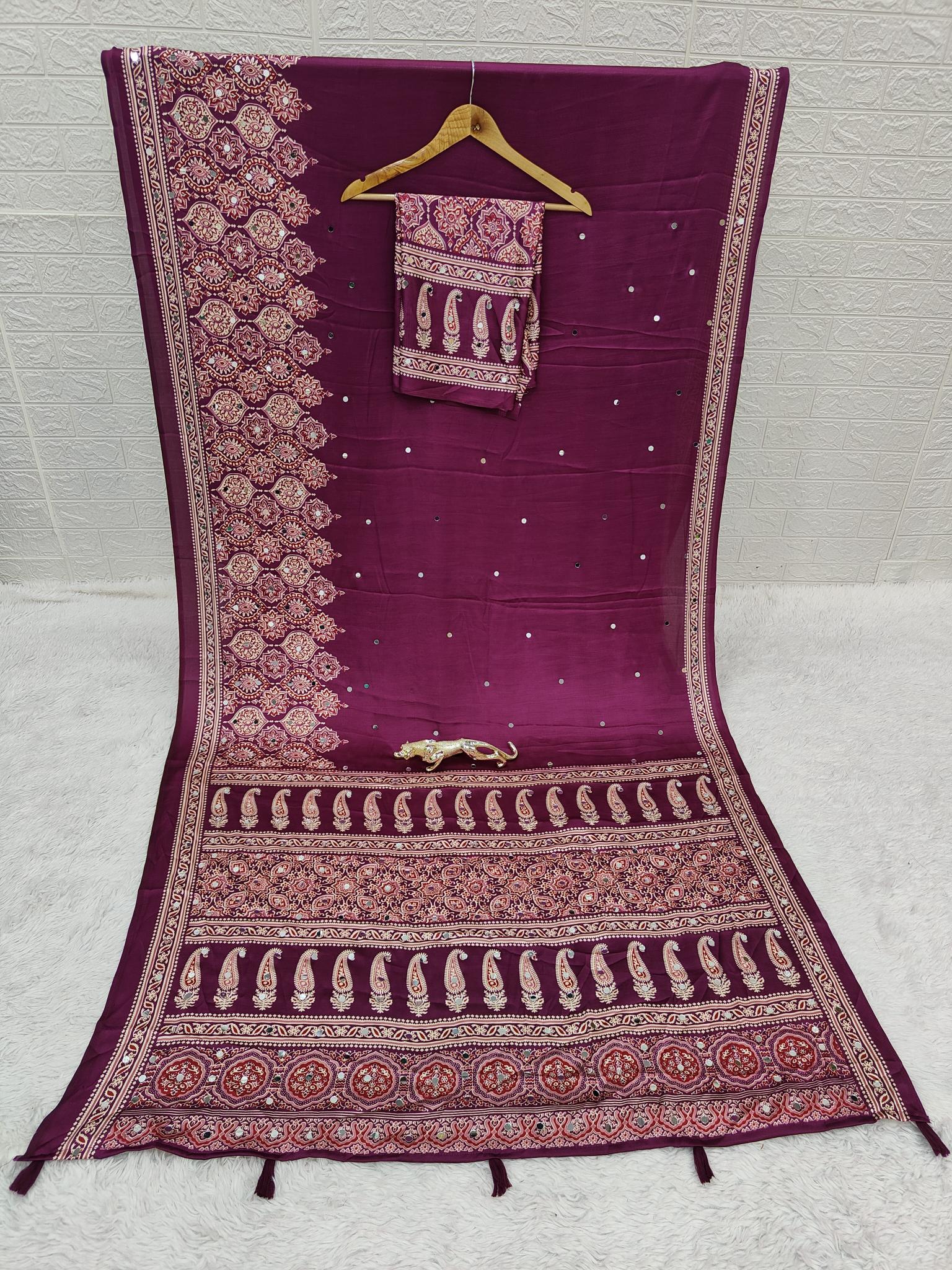 Divine Function Wear Satin Silk Heavy Mirror n Latkan Pallu Designer Saree With Unstitched Blouse Piece