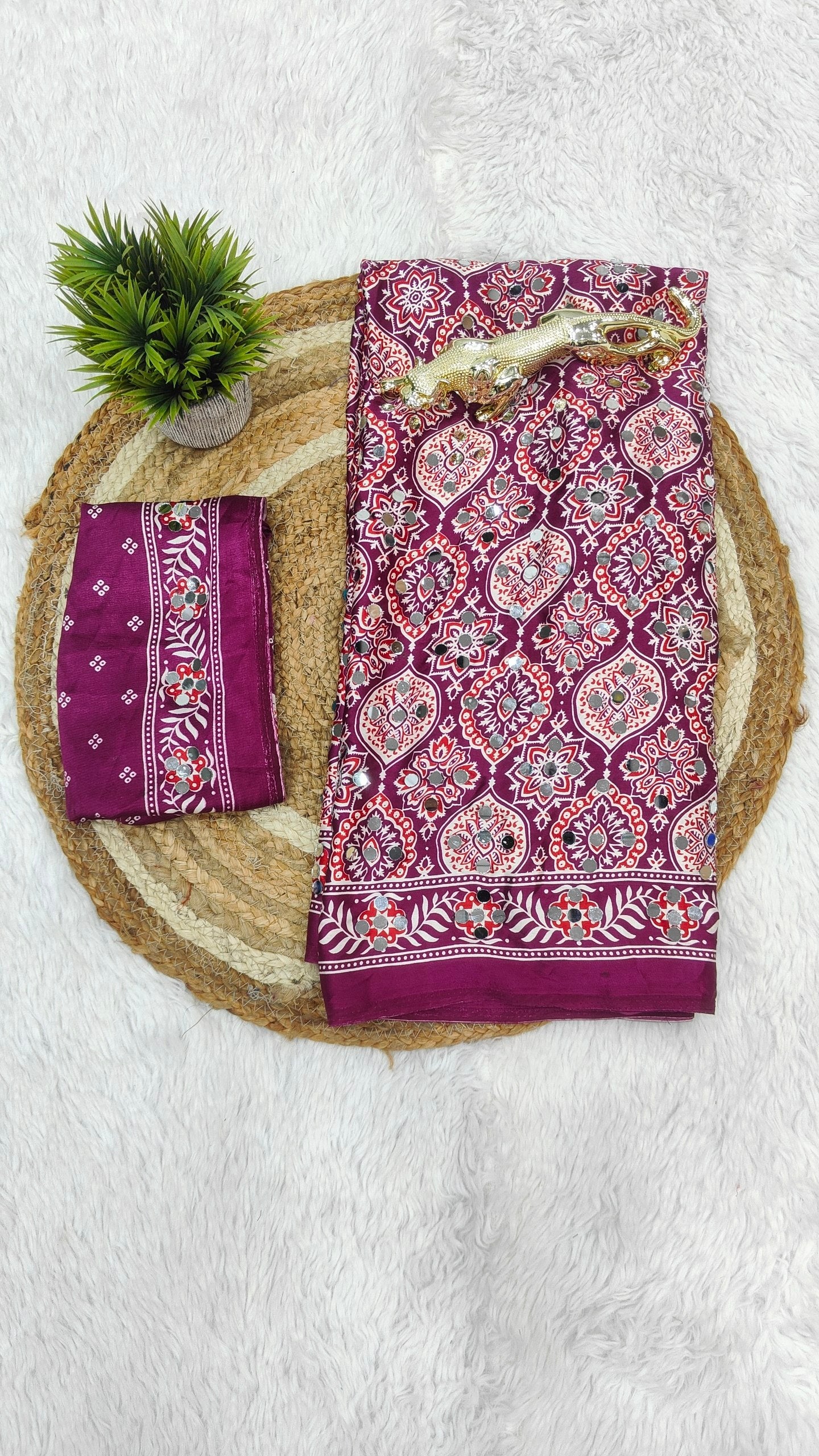 Charming Festive Wear Satin Silk Heavy Mirror n Latkan Pallu Designer Saree With Unstitched Blouse Piece