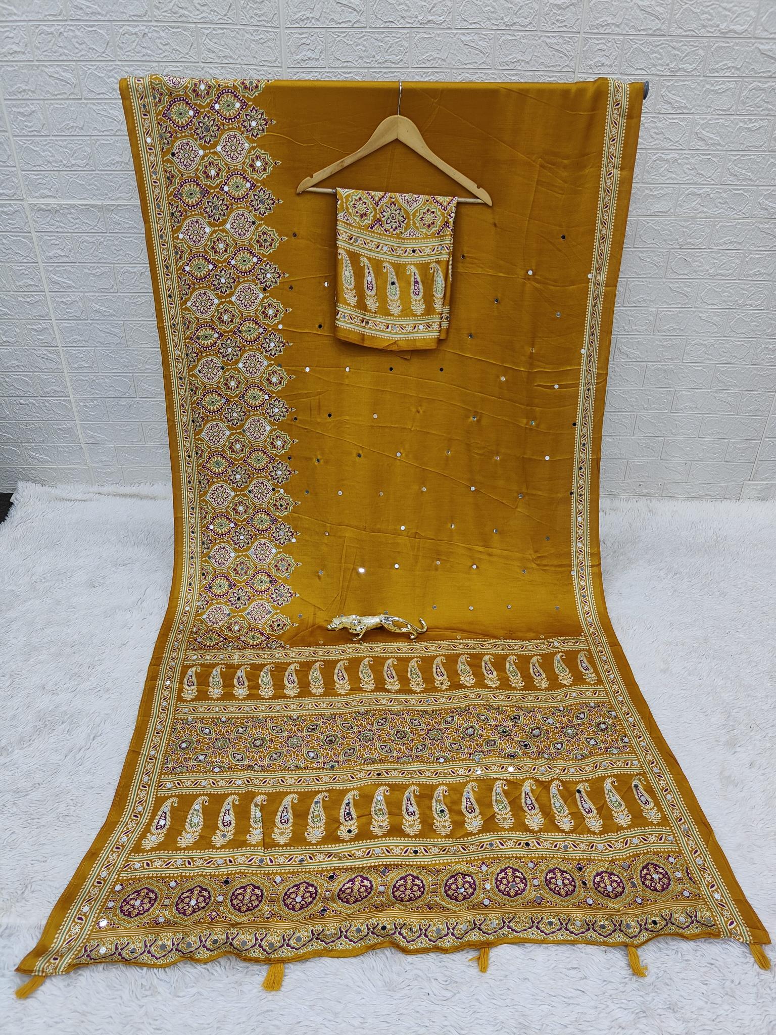 Divine Function Wear Satin Silk Heavy Mirror n Latkan Pallu Designer Saree With Unstitched Blouse Piece