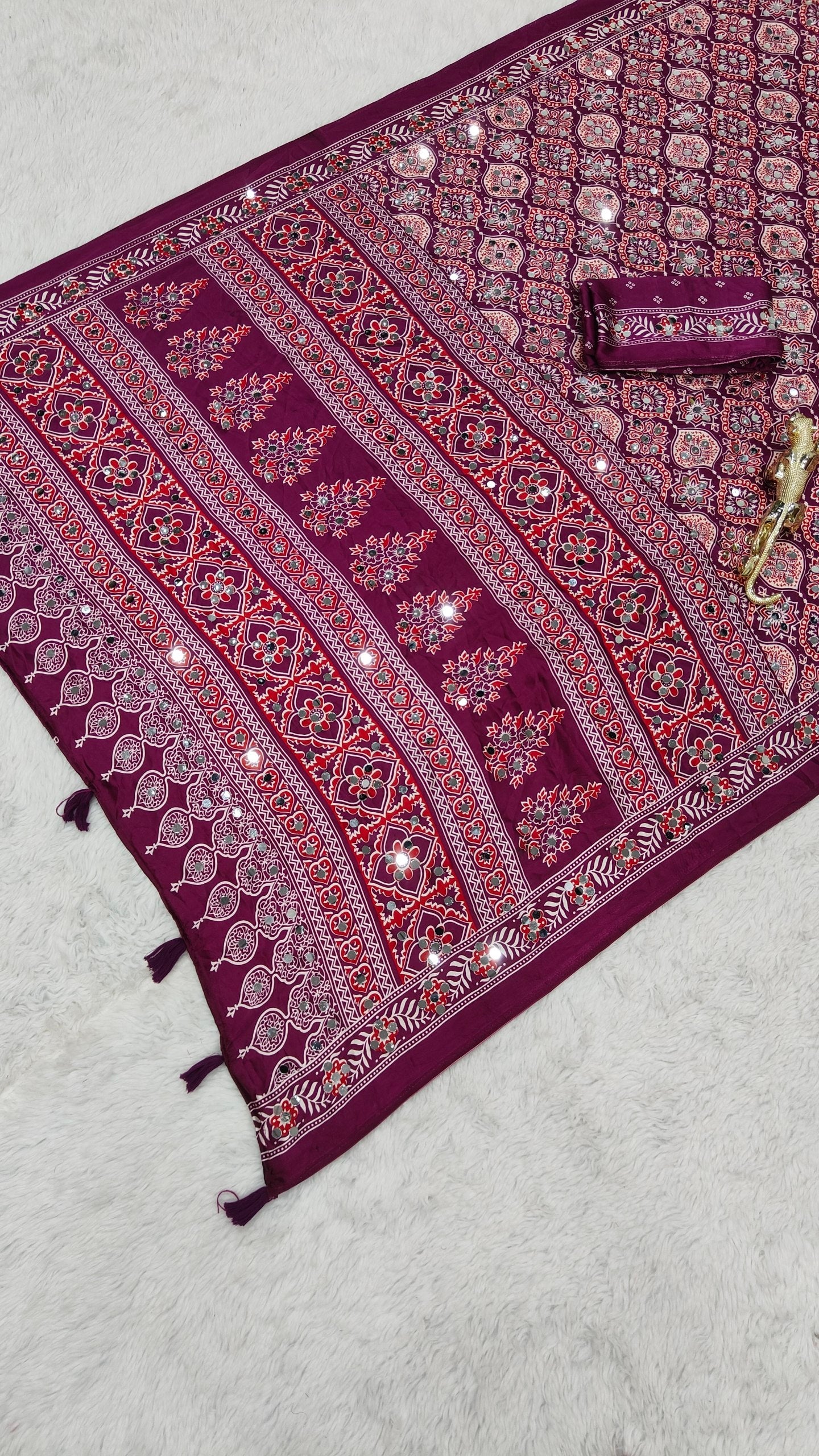 Charming Festive Wear Satin Silk Heavy Mirror n Latkan Pallu Designer Saree With Unstitched Blouse Piece