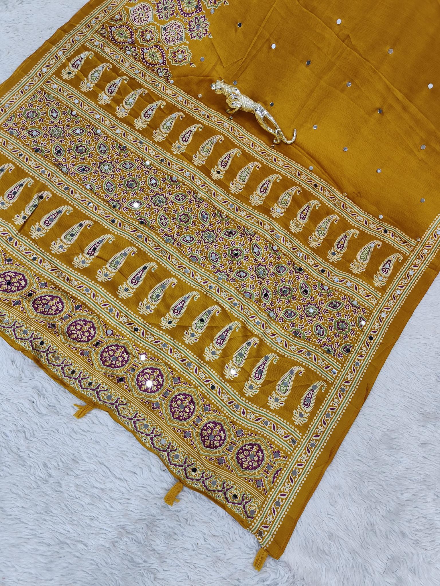 Divine Function Wear Satin Silk Heavy Mirror n Latkan Pallu Designer Saree With Unstitched Blouse Piece