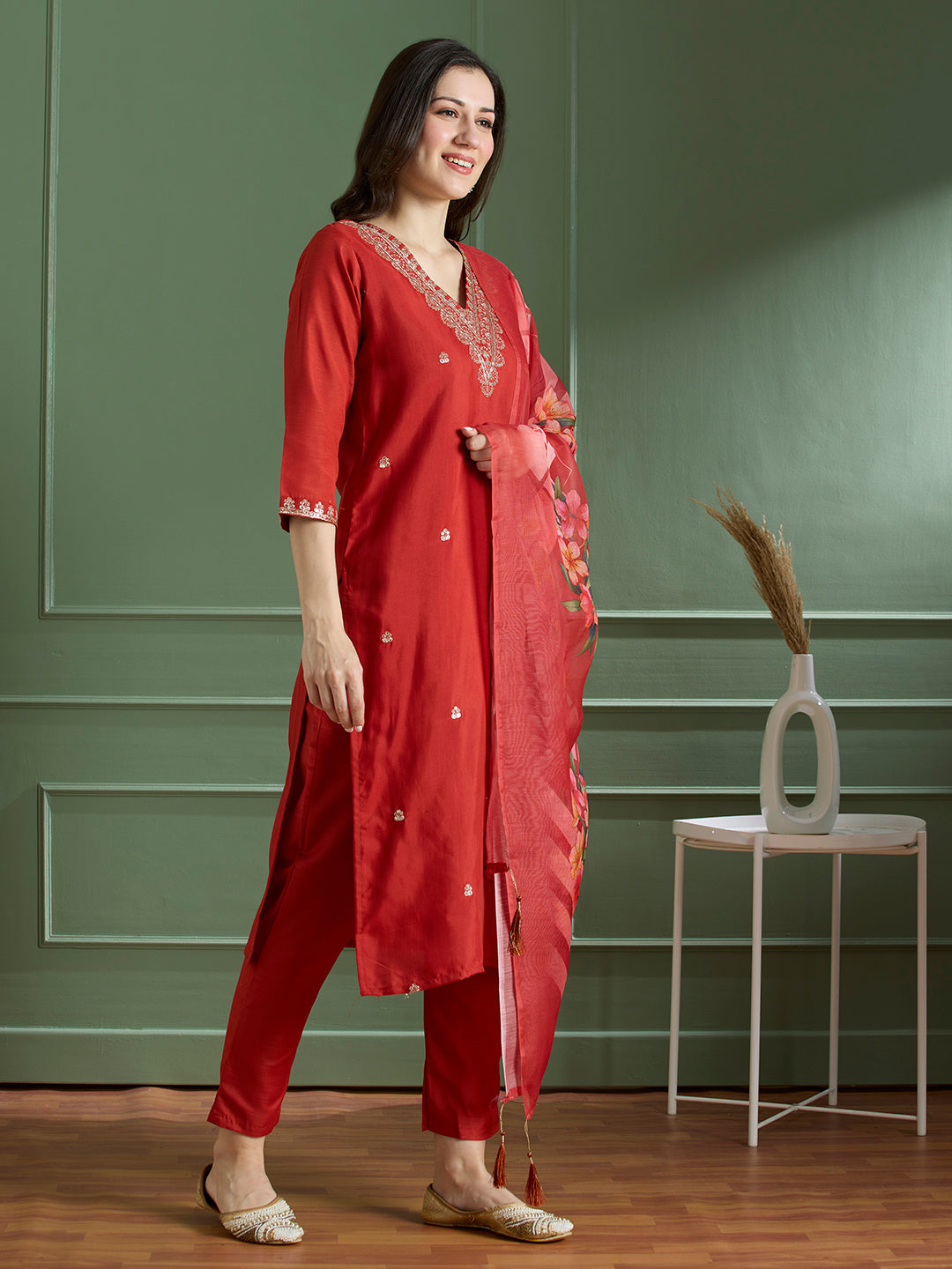 Luxurious Party Wear Rayon Silk Embroidery n Sequence Work Designer Straight Kurta With Trouser Dupatta Set