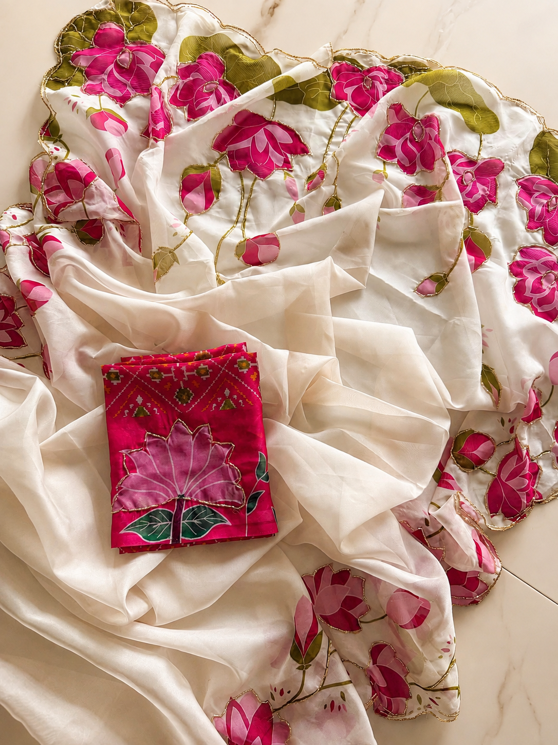 Glamorous Wedding Wear Pure Soft Silk Floral Prints n Handwork Designer Saree With Contrast Blouse Piece