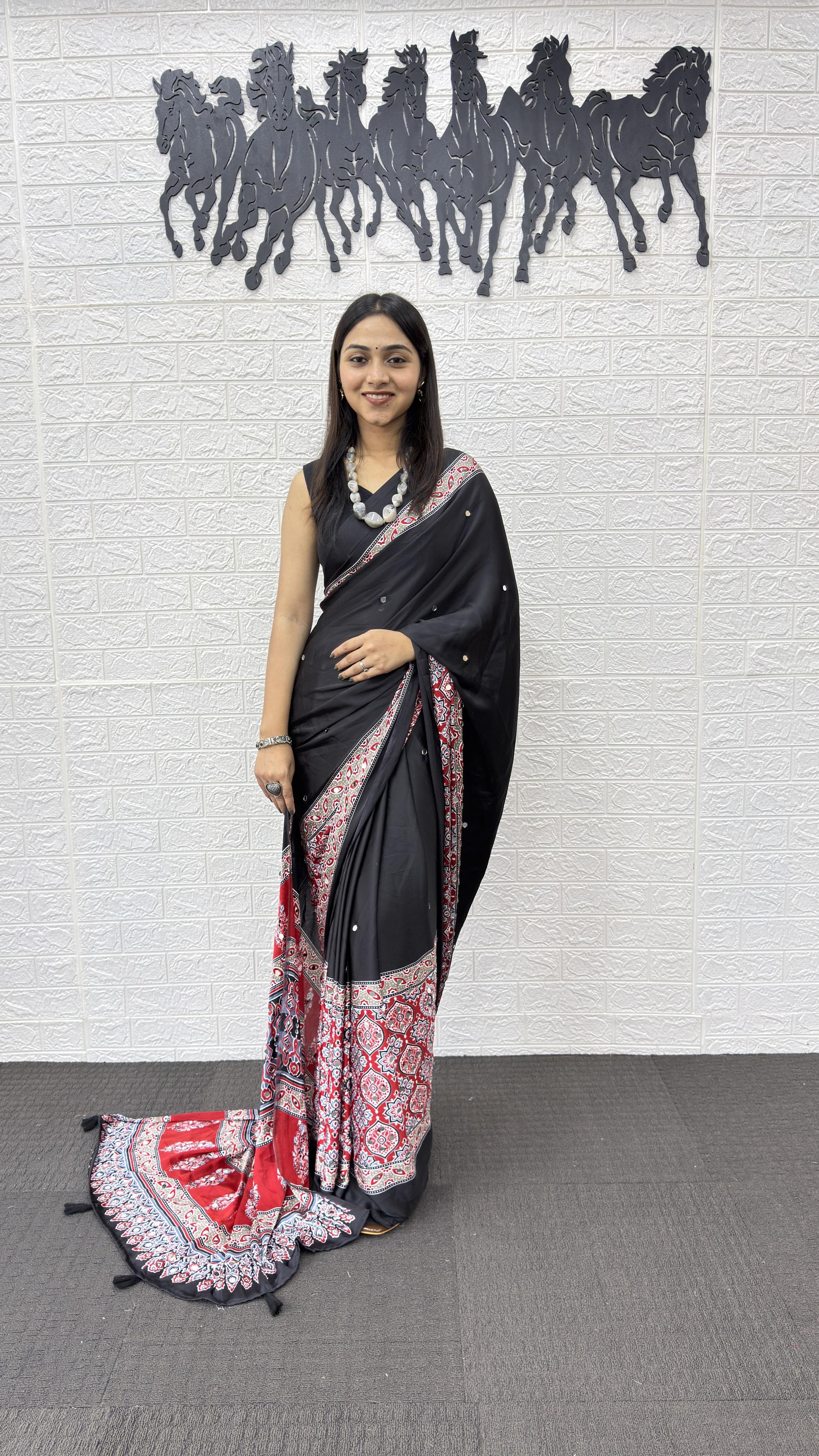 Regal Festive Wear Satin Silk Heavy Mirror n Latkan Pallu Designer Saree With Unstitched Blouse Piece