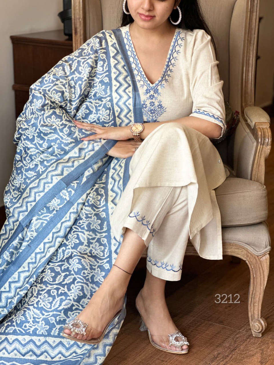 Scrupulous Festive Wear Cotton Embroidery Work Designer Straight Kurta With Trouser Dupatta Set