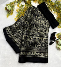 Load image into Gallery viewer, New Function Wear Black Color Pure Satin Silk Ajrak Printed Rich Pallu n Tussles Work Fancy Designer Saree
