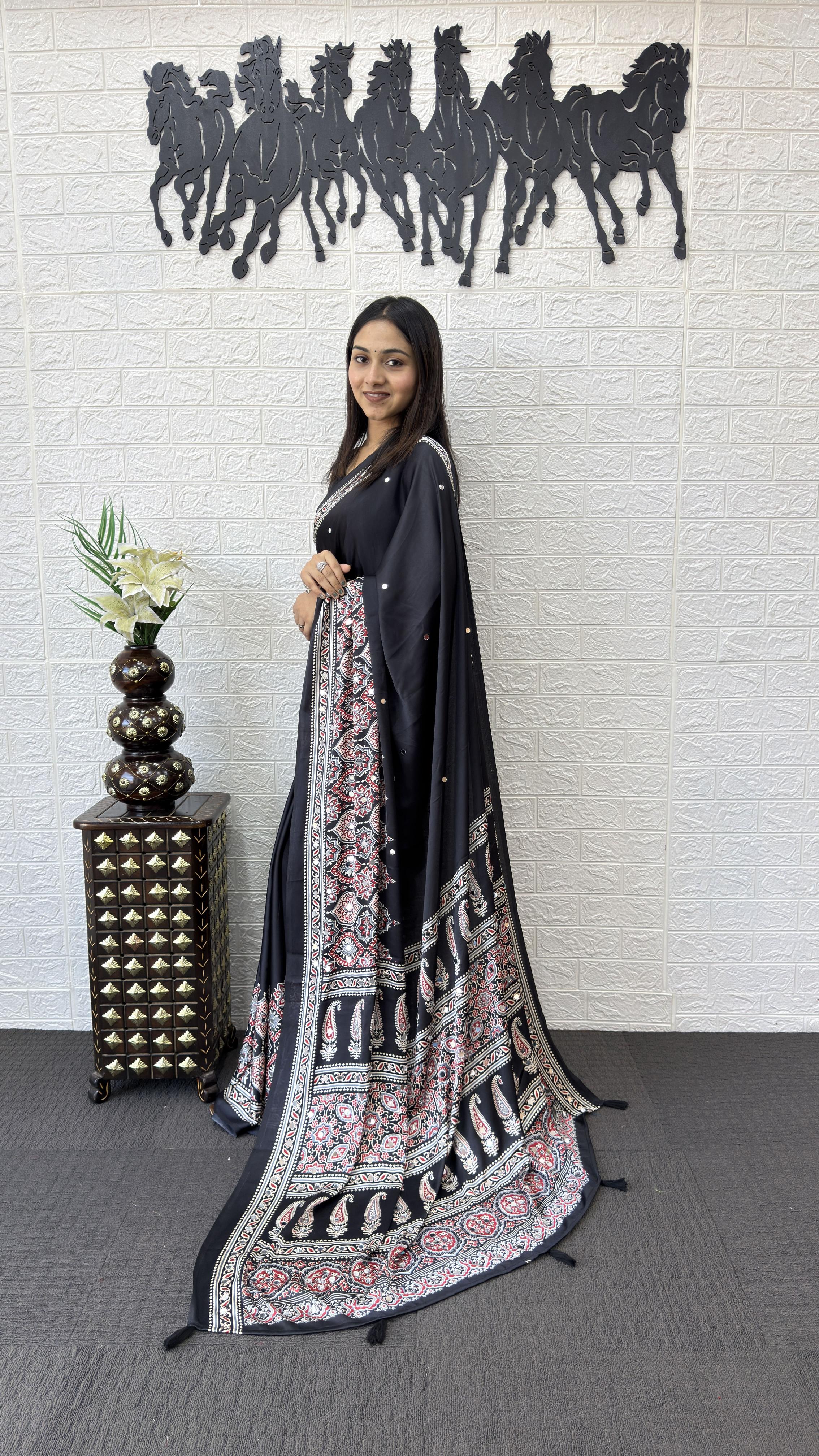 Divine Function Wear Satin Silk Heavy Mirror n Latkan Pallu Designer Saree With Unstitched Blouse Piece