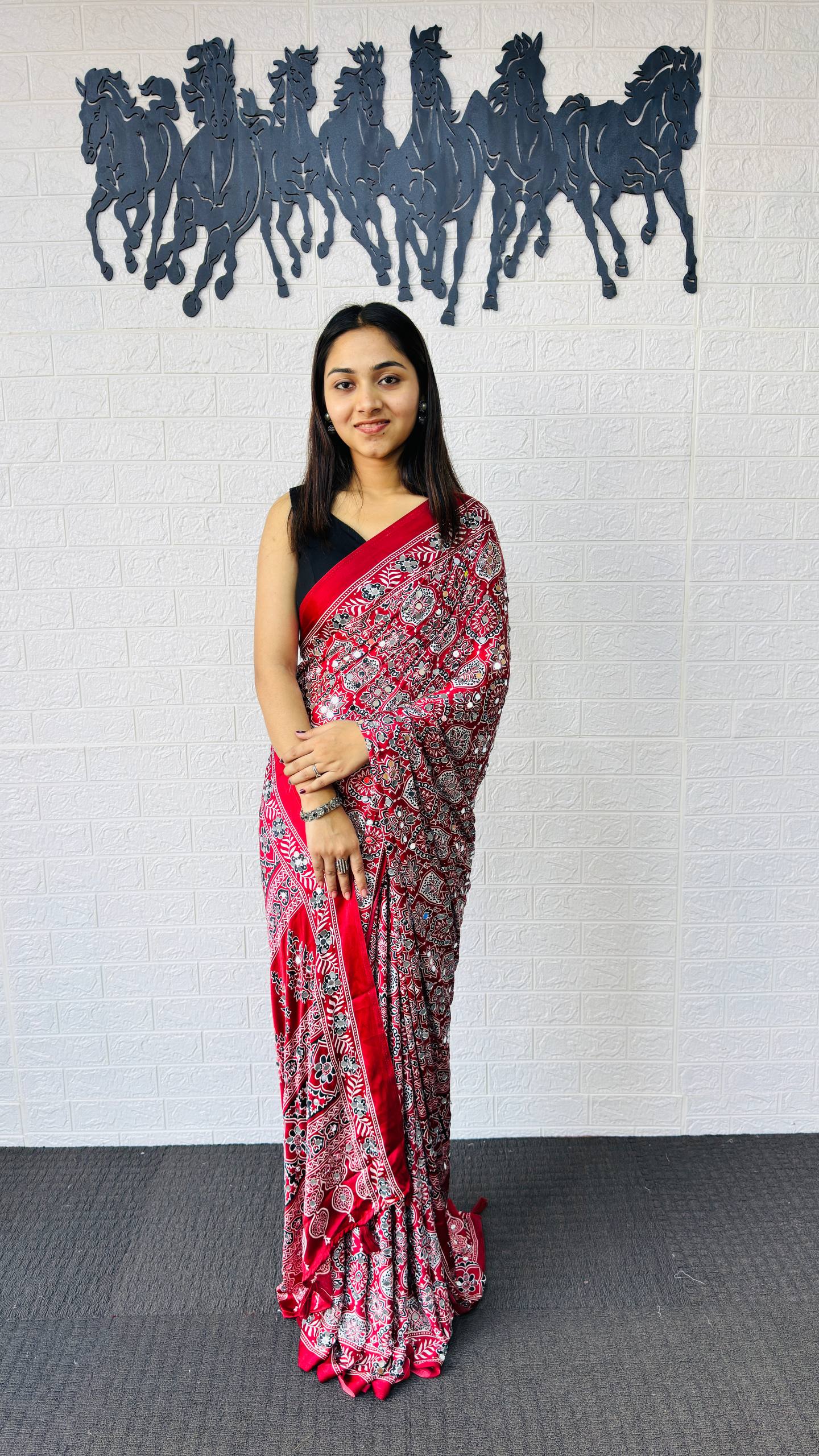 Charming Festive Wear Satin Silk Heavy Mirror n Latkan Pallu Designer Saree With Unstitched Blouse Piece