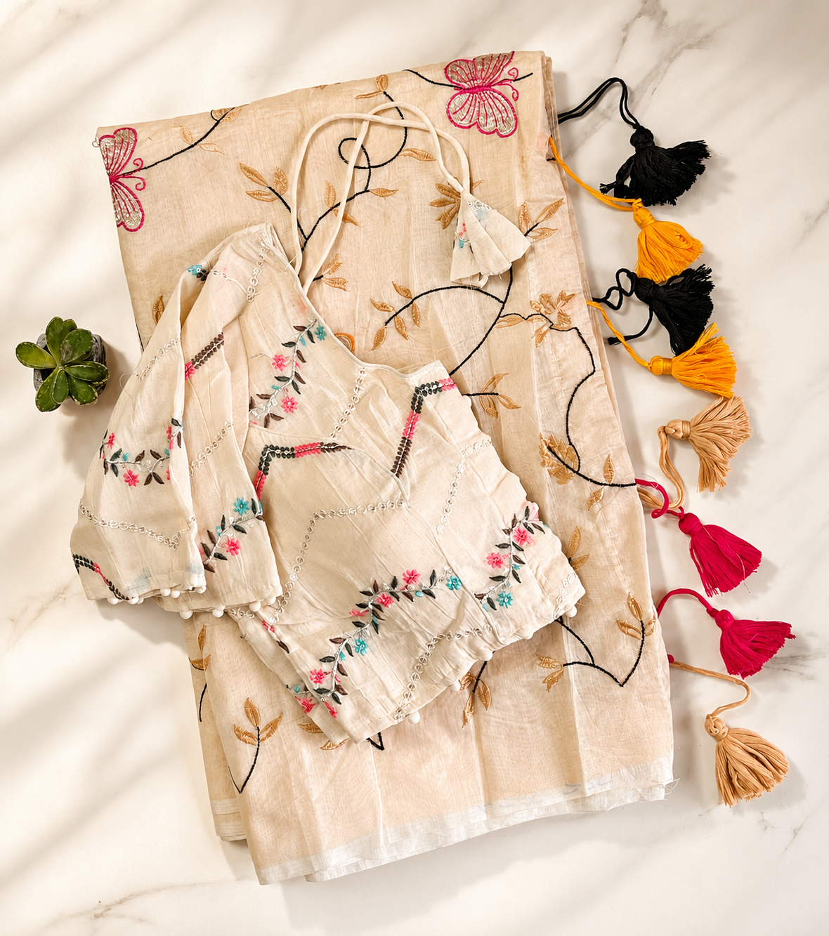 Marvellous Festive Wear Chanderi Cotton Embroidery n Tussels Work Fancy Saree With Stitched Blouse