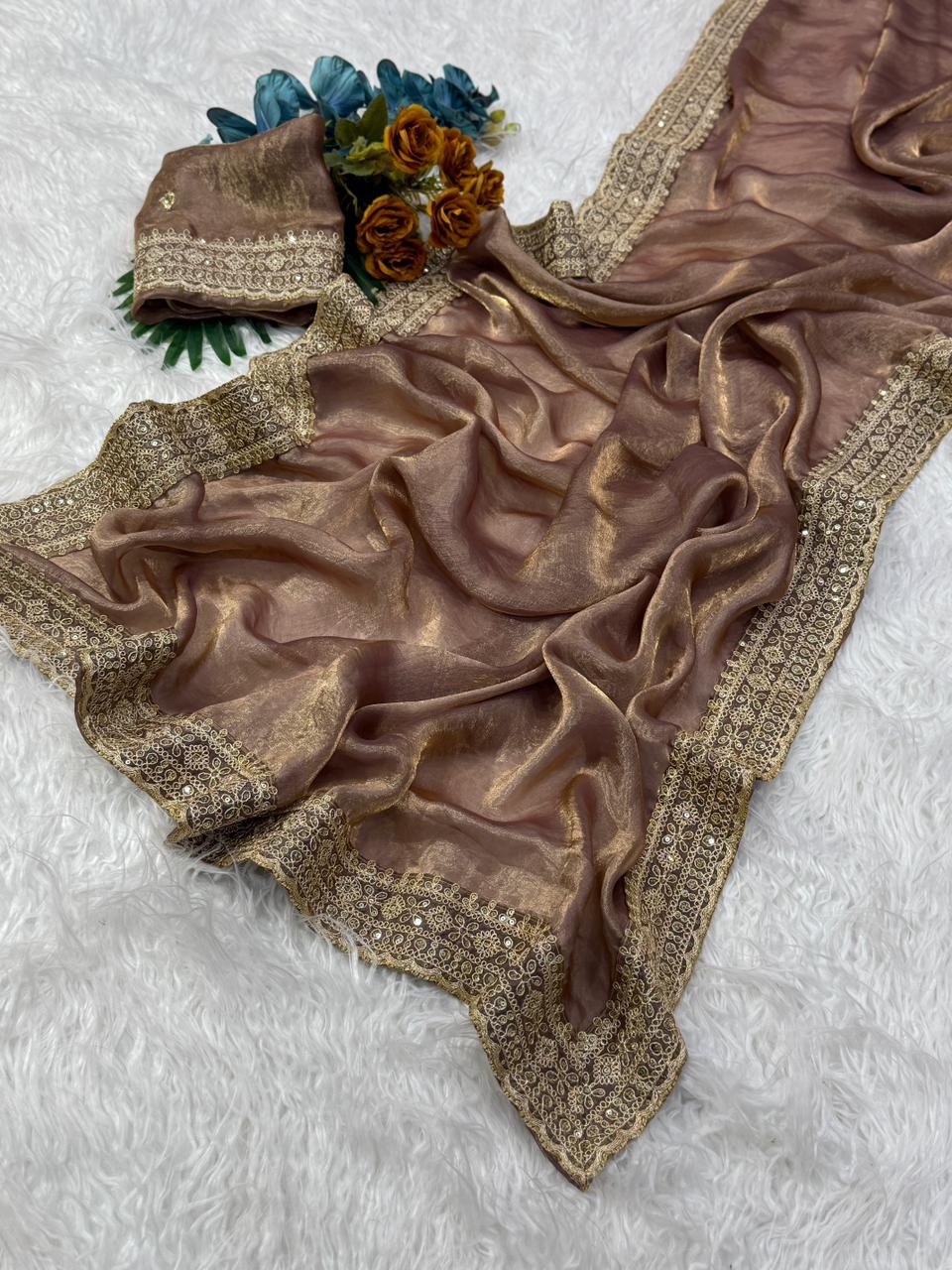 Marvellous Wedding Wear Silk Embroidery Work Lace Border Fancy Designer Saree With Blouse Piece