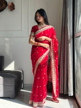 Load image into Gallery viewer, Exquisite Party Wear Soft Faux Georgette Embroidery n Sequence Zari Work Fancy Designer Saree With Unstithced Blouse Piece
