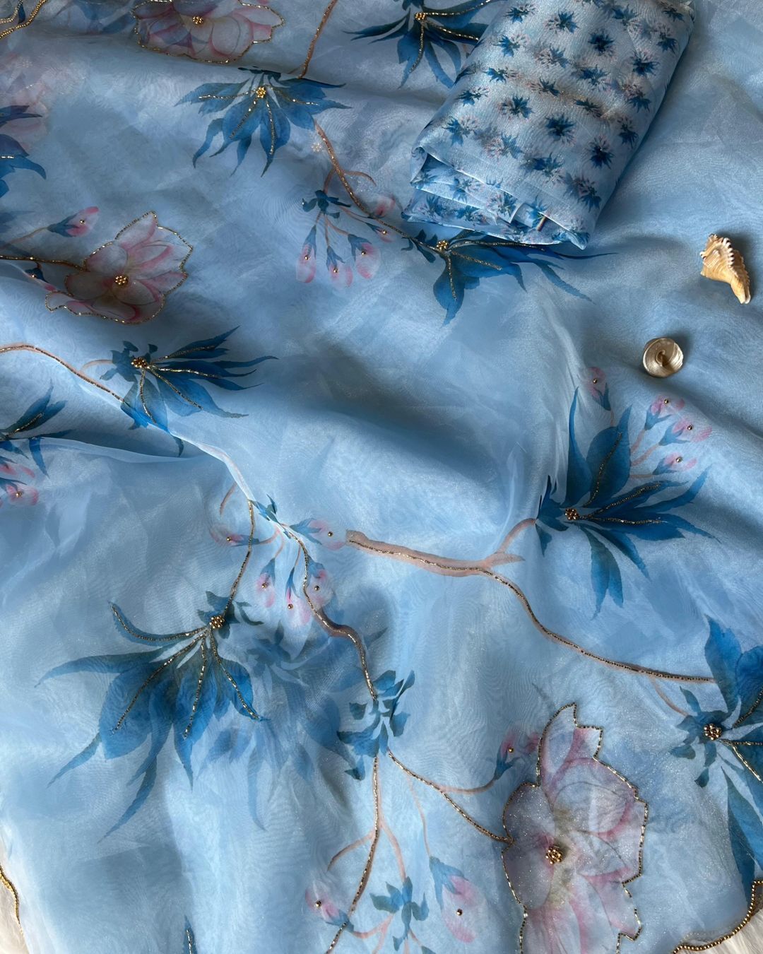 New Partywear Skyblue Color Organza Silk Printed Hand Work Fancy Designer Saree With Unstitched Blouse