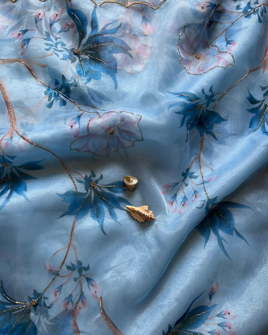 New Partywear Skyblue Color Organza Silk Printed Hand Work Fancy Designer Saree With Unstitched Blouse