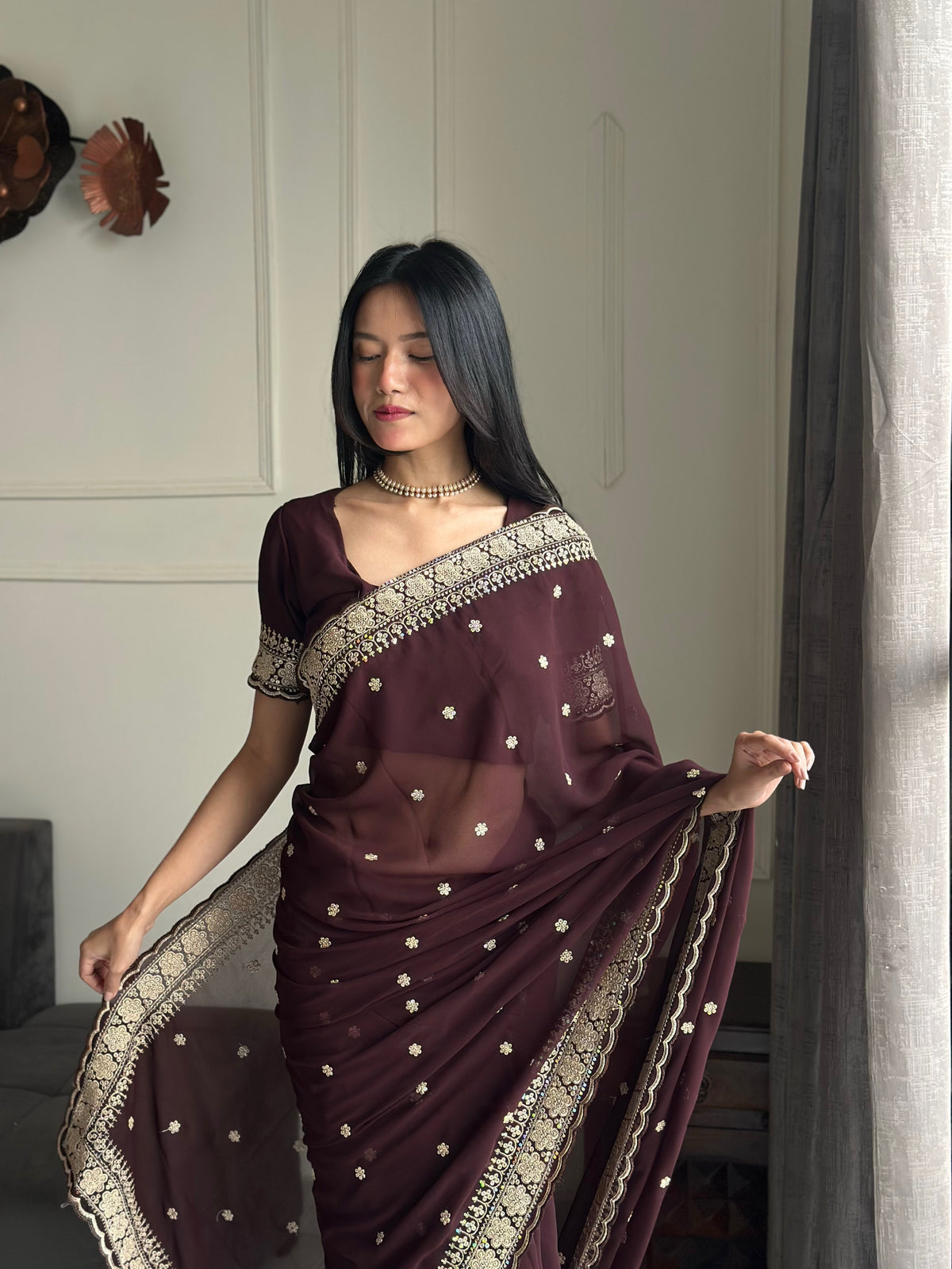 Exquisite Party Wear Soft Faux Georgette Embroidery n Sequence Zari Work Fancy Designer Saree With Unstithced Blouse Piece