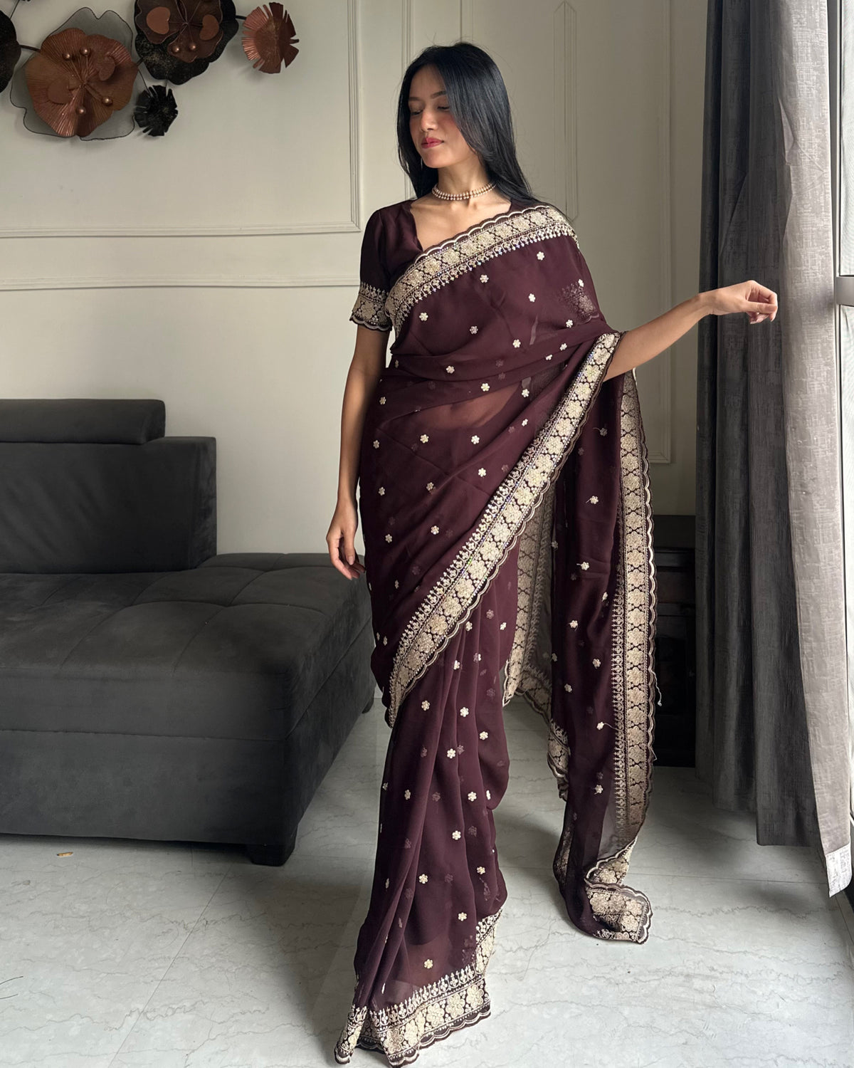 Exquisite Party Wear Soft Faux Georgette Embroidery n Sequence Zari Work Fancy Designer Saree With Unstithced Blouse Piece