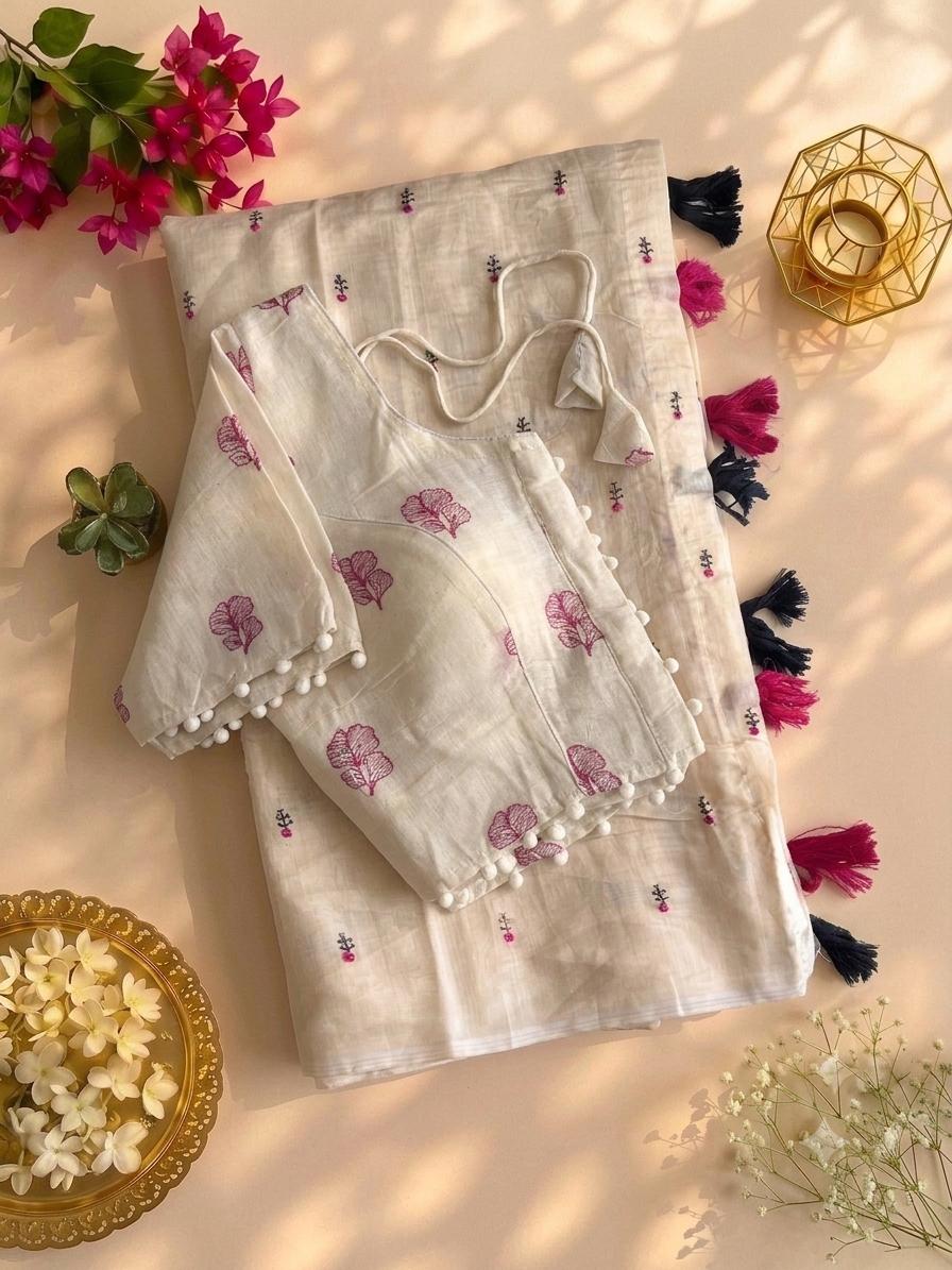 Desiring Function Wear Chanderi Cotton Embroidery n Tussels Work Designer Saree With Stitched Blouse