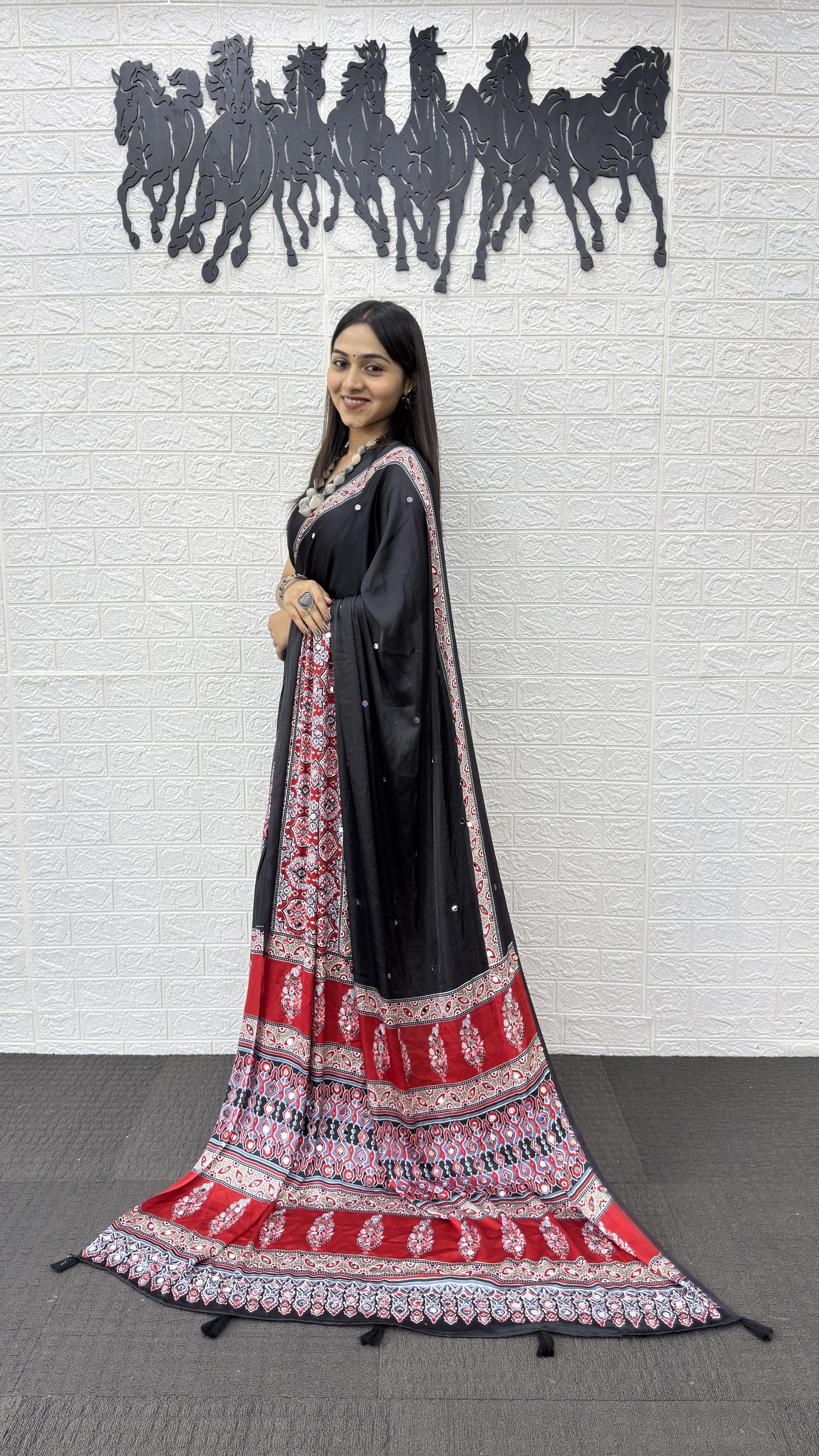 Regal Festive Wear Satin Silk Heavy Mirror n Latkan Pallu Designer Saree With Unstitched Blouse Piece