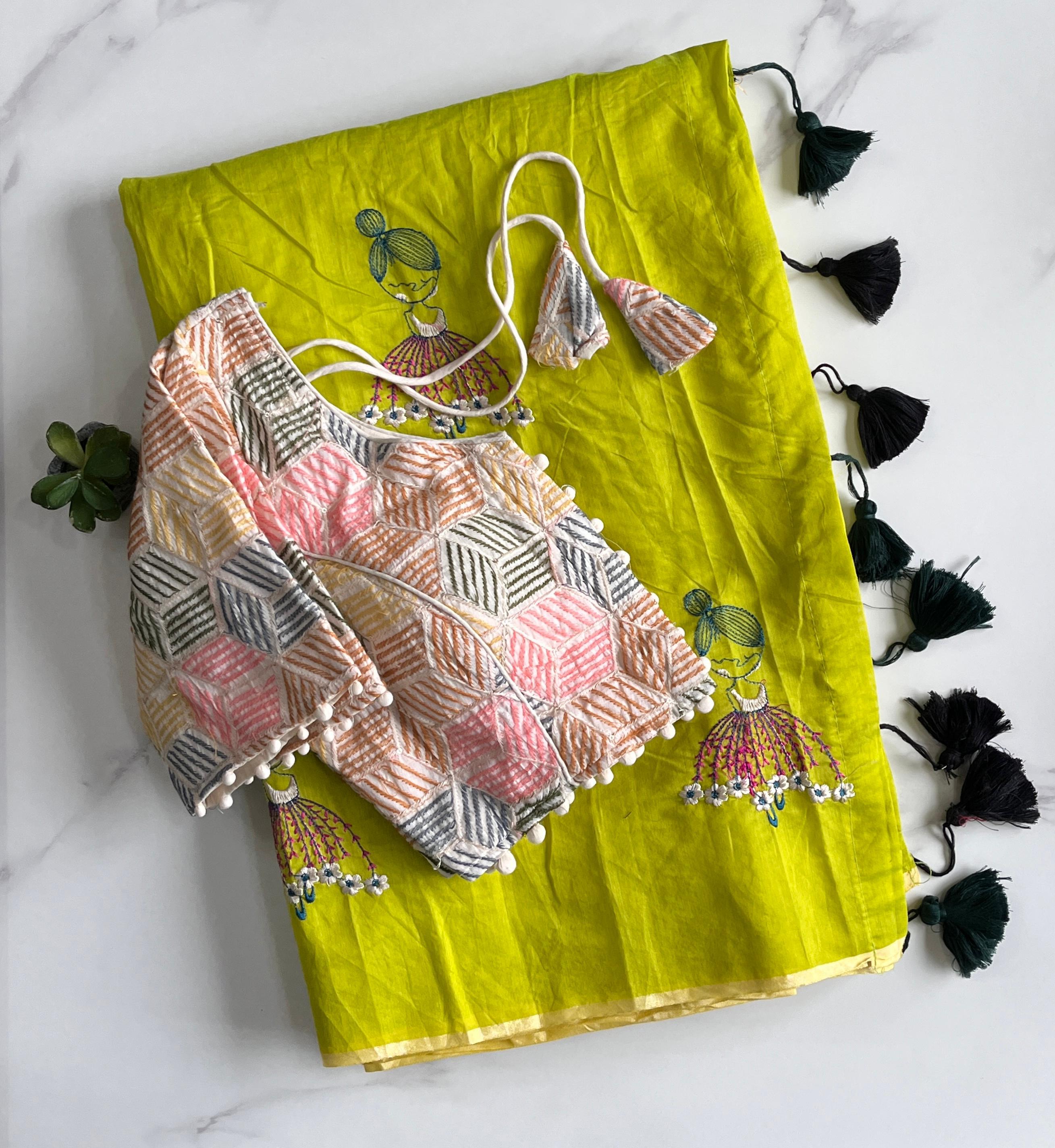 New Function Wear Chanderi Cotton Embroidery n Tussels Work Fancy Designer Saree With Stitched Blouse